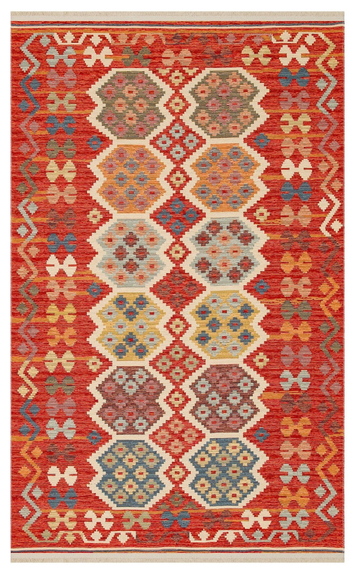 Nevmahall Nomad NMD03 Red Çift Taraflı Yıkanabilir Pamuk Şönil Kilim