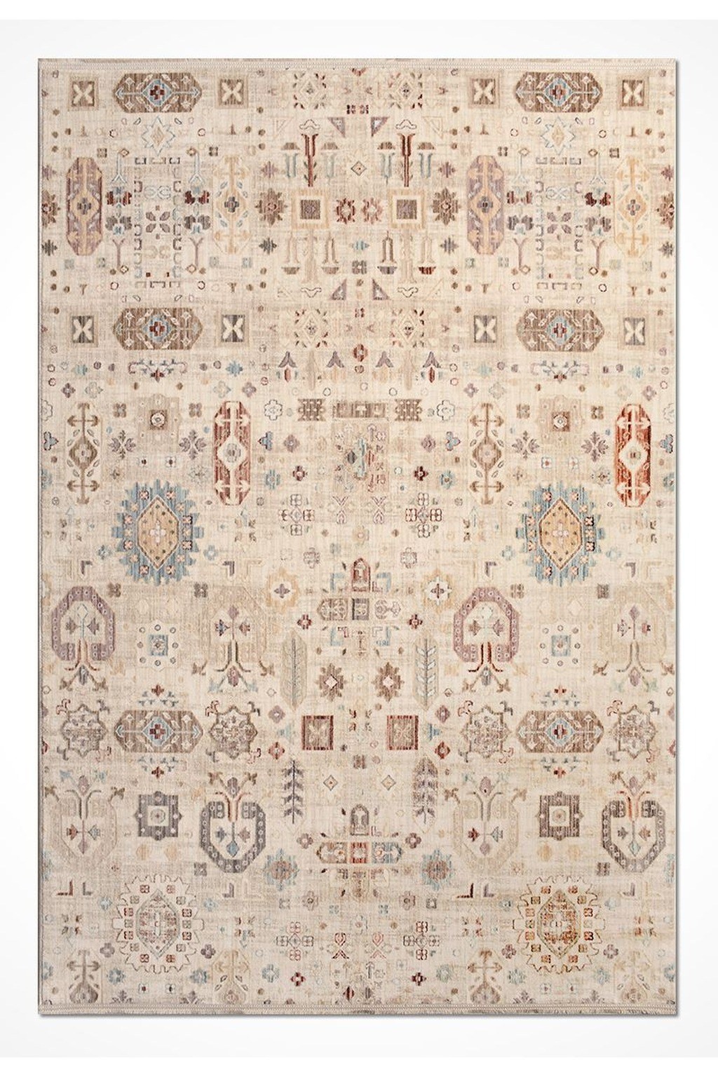 Panama Özel Ölçü Serisi Krem Mavi Etnik Floral Desenli Vintage Salon Halısı PN01