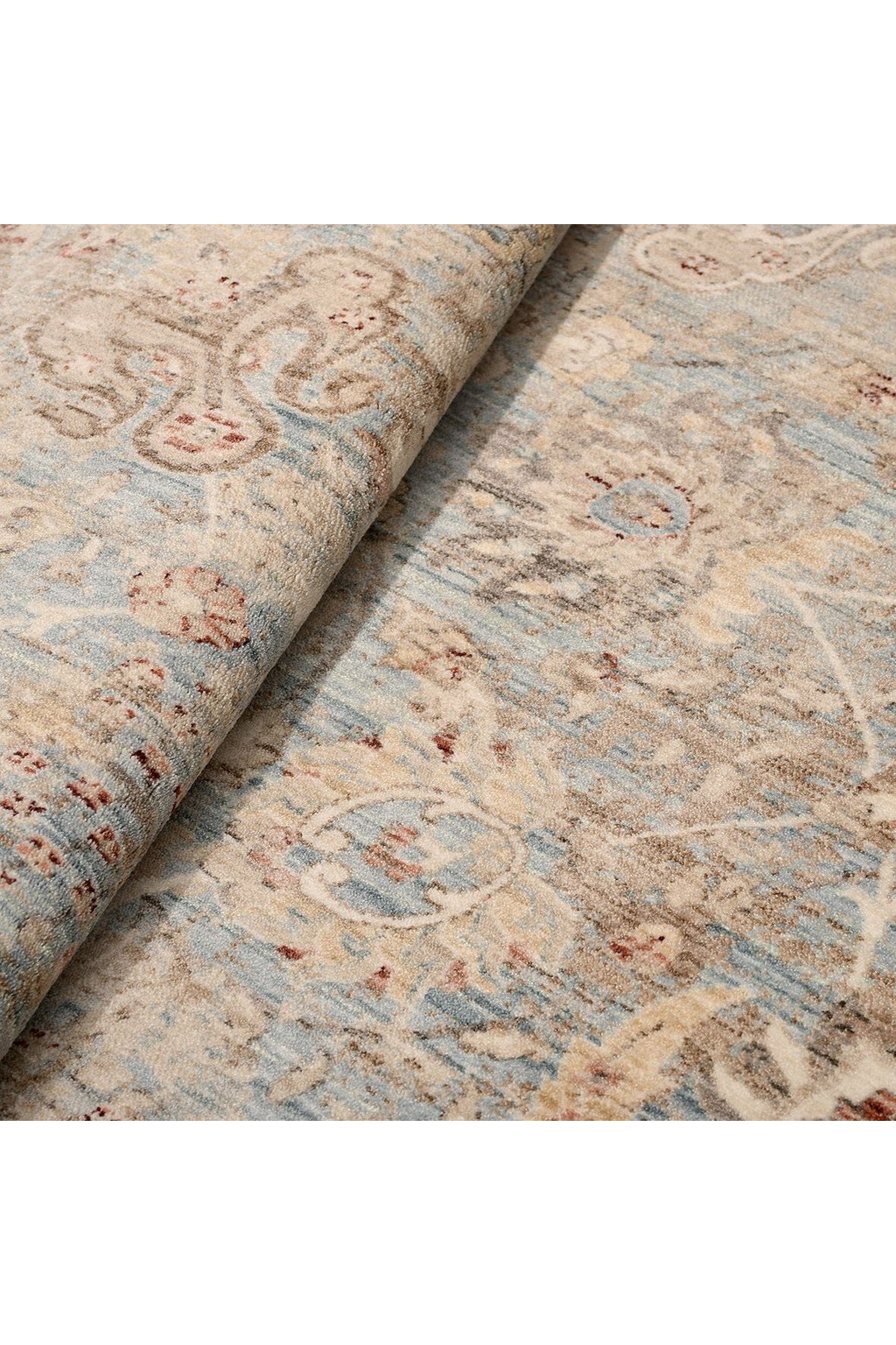 Panama Özel Ölçü Serisi Mavi Bej Floral Desenli Vintage Salon Halısı PN06