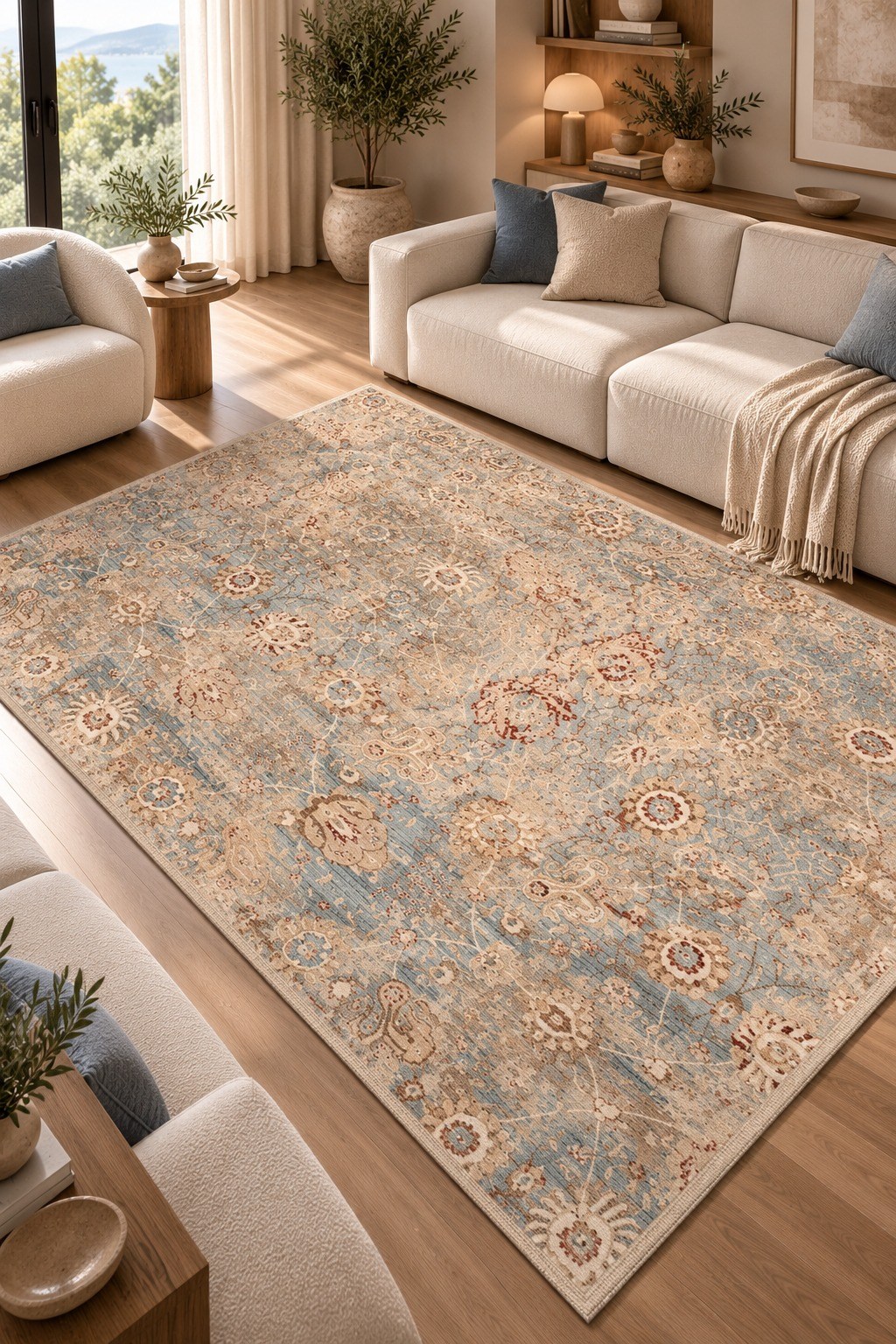 Panama Özel Ölçü Serisi Mavi Bej Floral Desenli Vintage Salon Halısı PN06