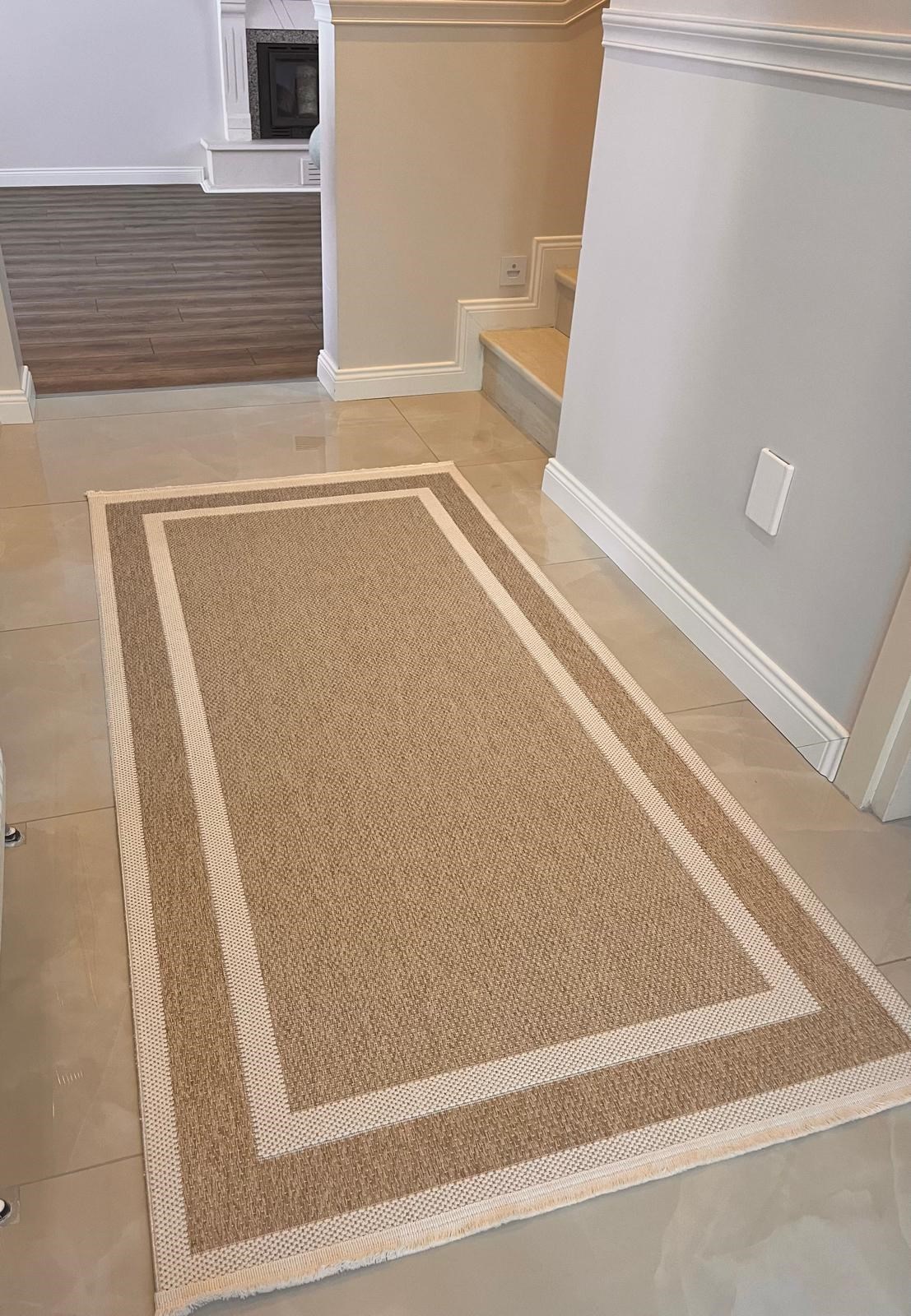 Premium Kalite Makinada Yıkanabilir Kaymaz Taban Antialerjik Wool Çerçeveli Bukle Sisal 8001 Bej Krem