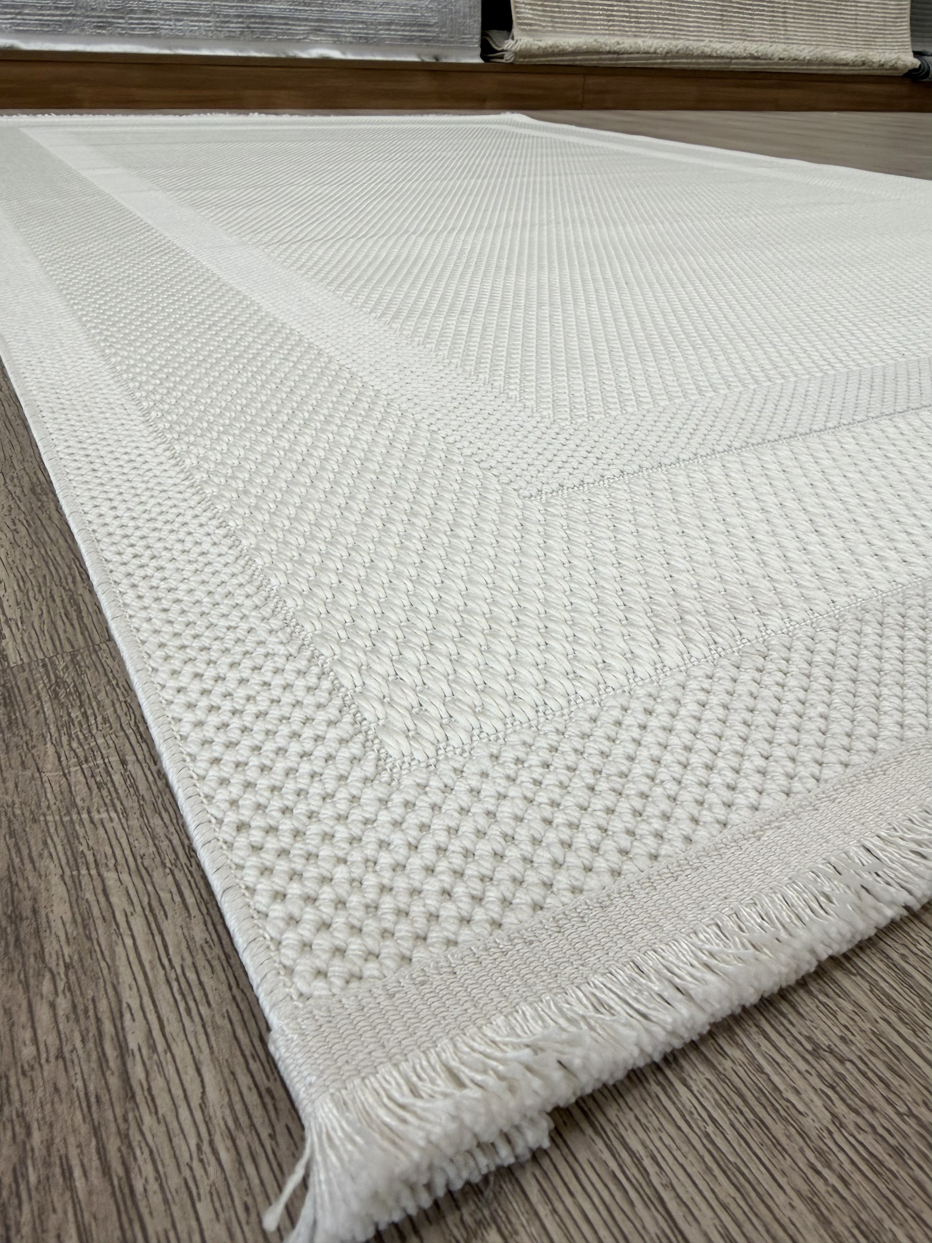 Premium Kalite Makinada Yıkanabilir Kaymaz Taban Antialerjik Wool Çerçeveli Bukle Sisal 8001 Krem