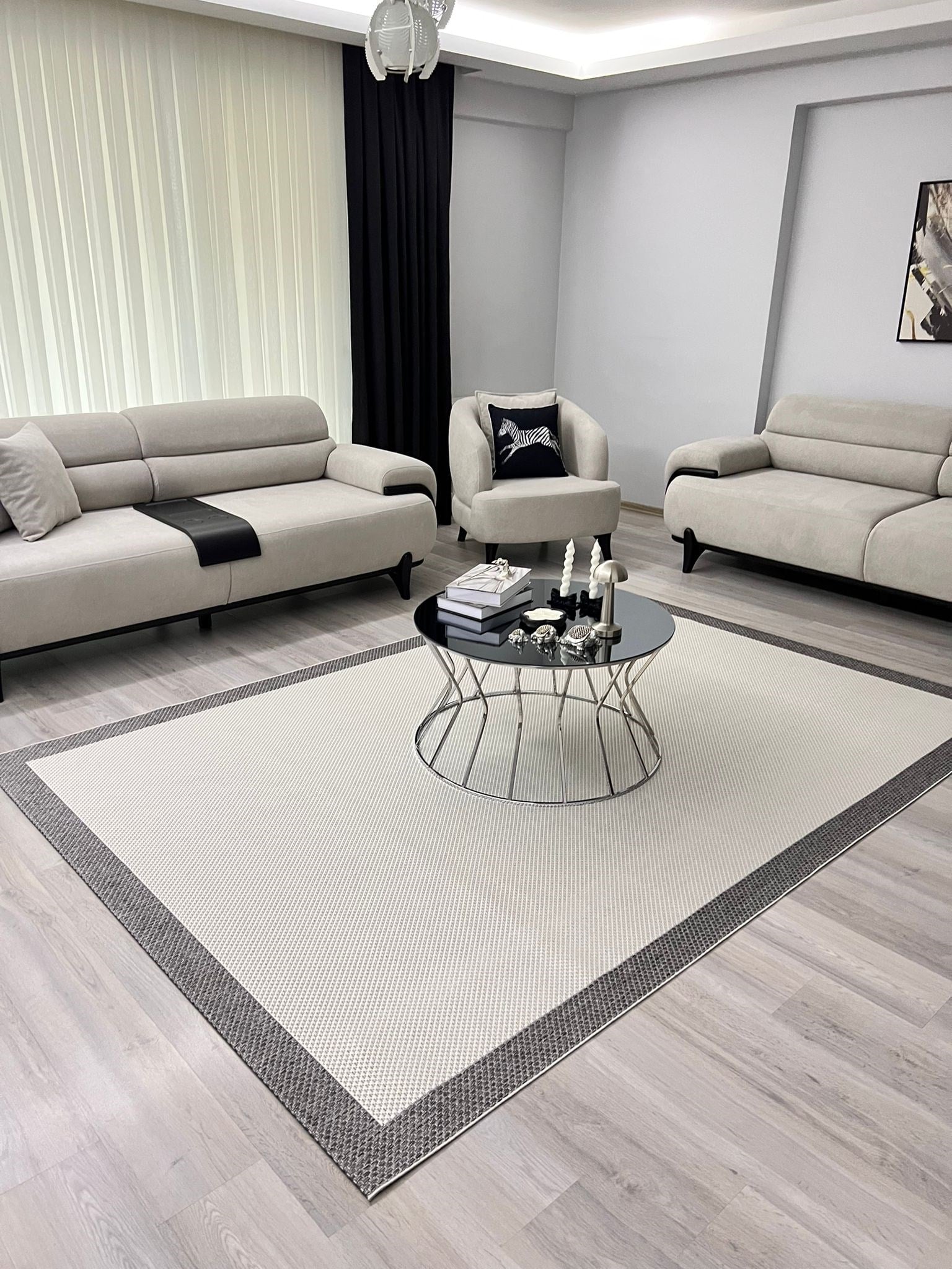 Premium Kalite Makinada Yıkanabilir Kaymaz Taban Antialerjik Wool Sisal Halı Krem Antrasit