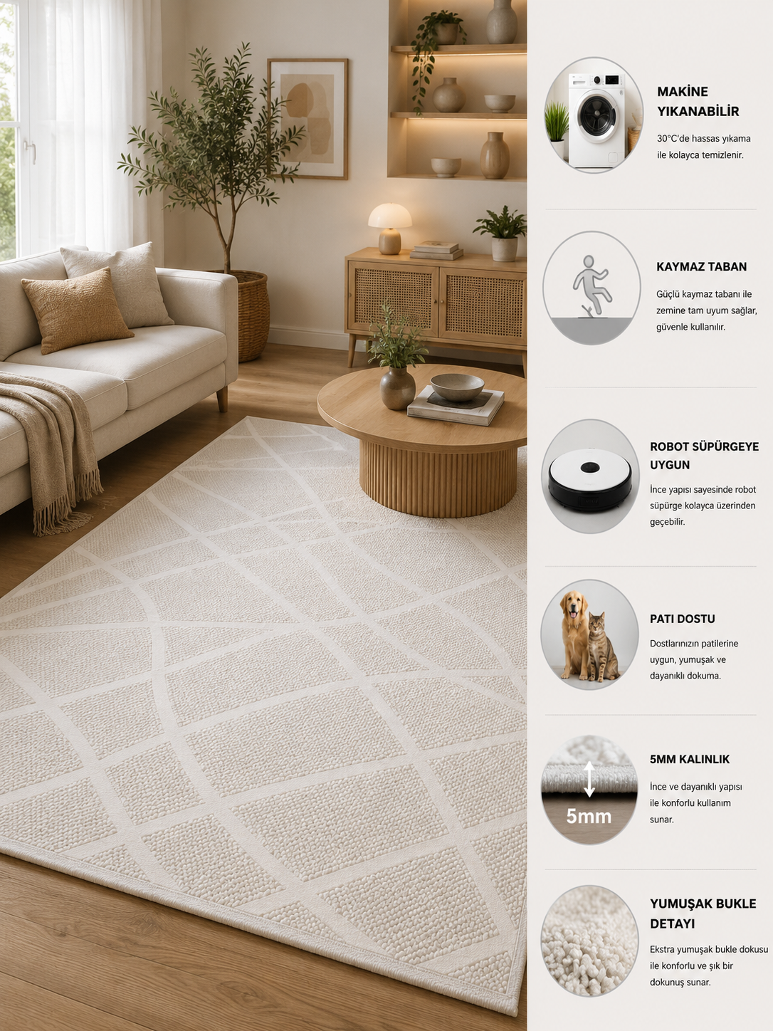 Premium Kalite Makinada Yıkanabilir Kaymaz Taban Antialerjik Wool Bukle Sisal 8002 Krem