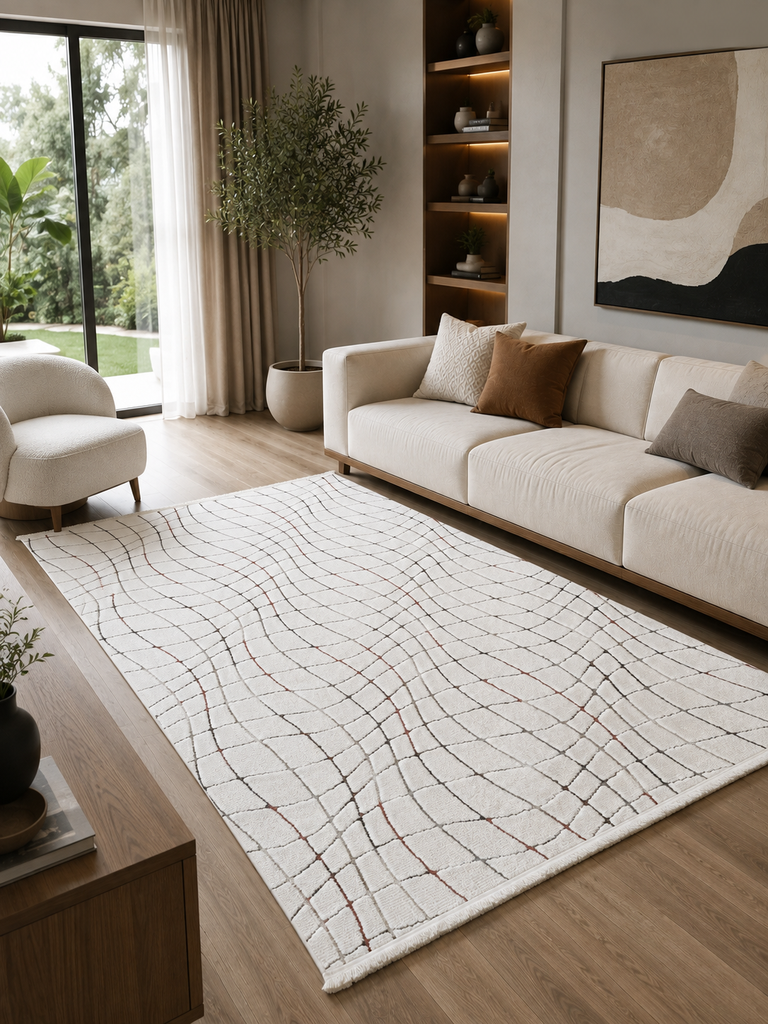 Yumuşak Dokulu Kaymaz Taban Sunset Serisi Krem Dalgalı Geometrik Desenli Kabartmalı Makine Halısı SNS1171