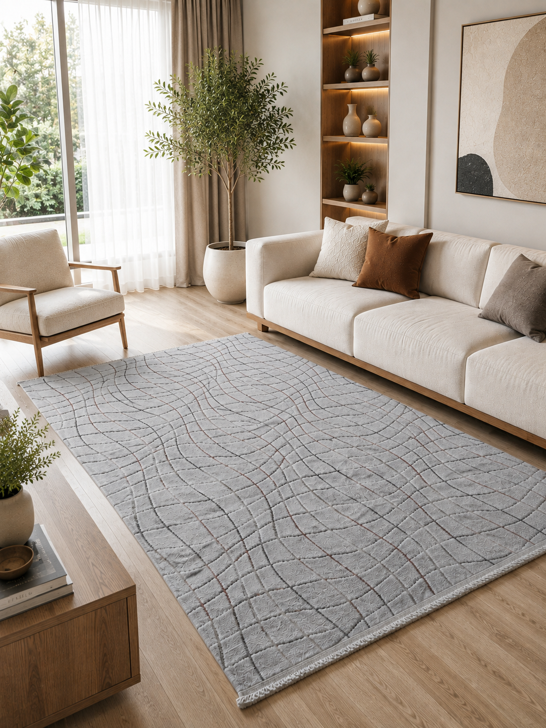 Yumuşak Dokulu Kaymaz Taban Sunset Serisi Gri Dalgalı Geometrik Desenli Kabartmalı Makine Halısı SNS1171