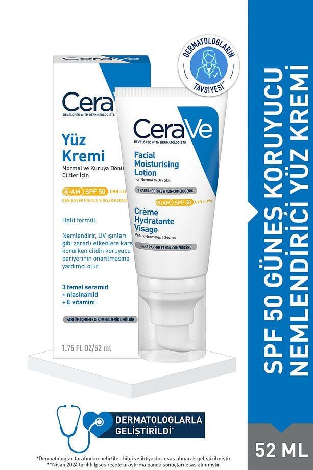 CeraveCerave Kuru Ciltler Için Spf50 Nemlendirici Yüz Kremi 52 mlCerave SPF50 Nemlendirici Yüz Kremi 52ml | Kuru Ciltlere Özel