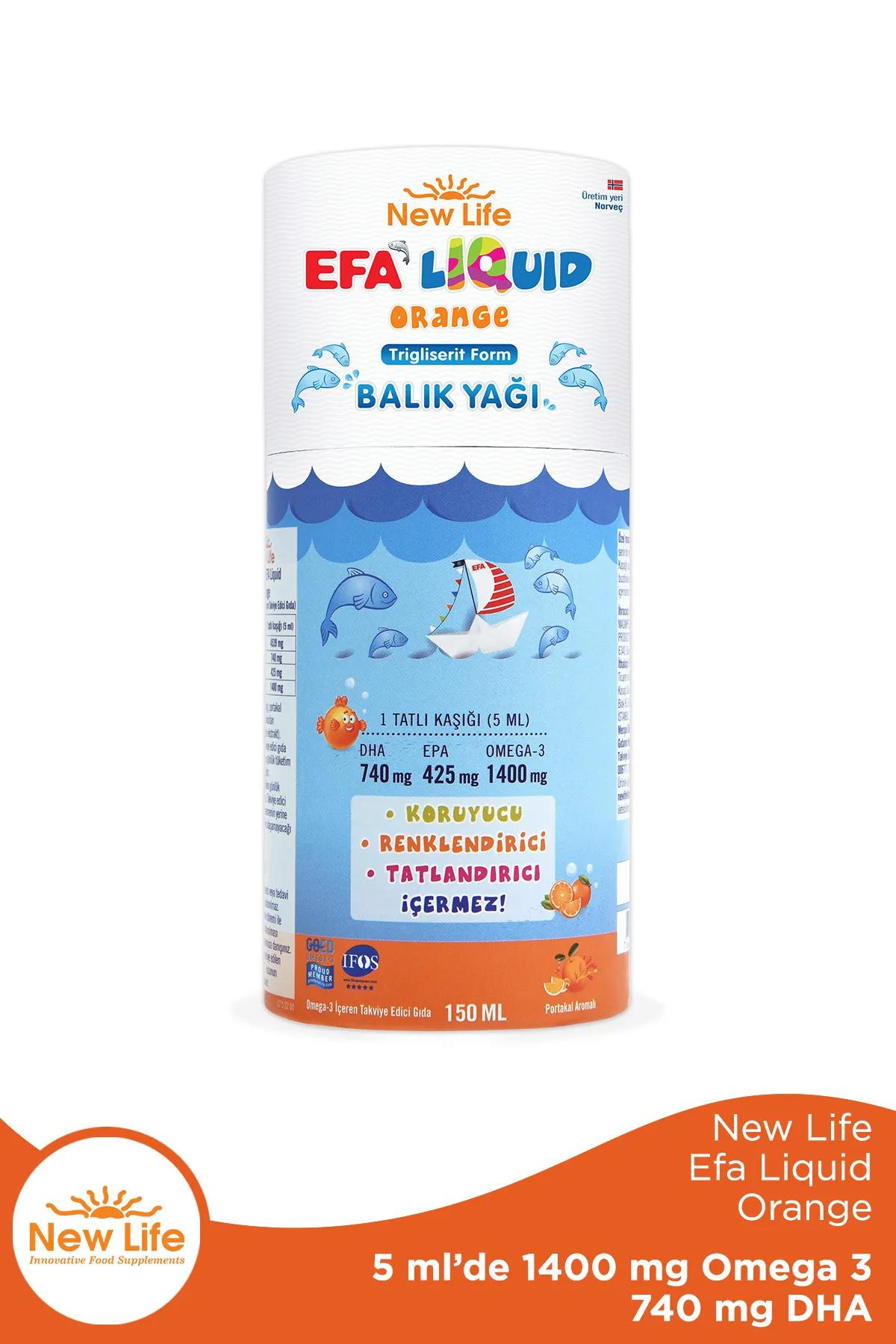New Life New Life Efa Liquid Orange Balık Yağı 150 ml - 1400mg Omega 3 - 740mg DHA - 425mg EPANew Life Efa Liquid Orange | Portakal Aromalı Omega 3 Takviyesi