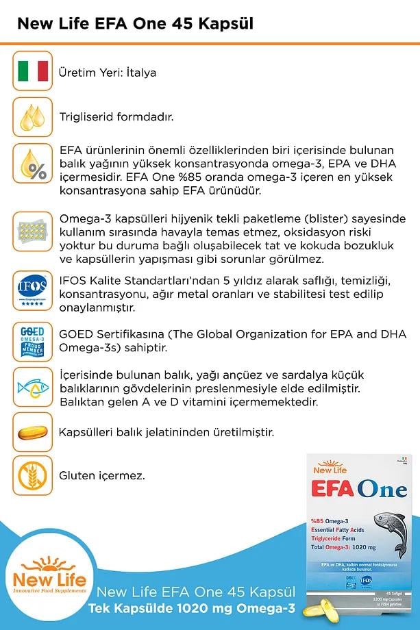 New Life New Life Efa One Balık Yağı 45 Kapsül - 1020mg Omega 3 - 580mg EPA - 390mg DHANew Life Efa One 1020 mg | Gelişmiş Omega 3 Formülü