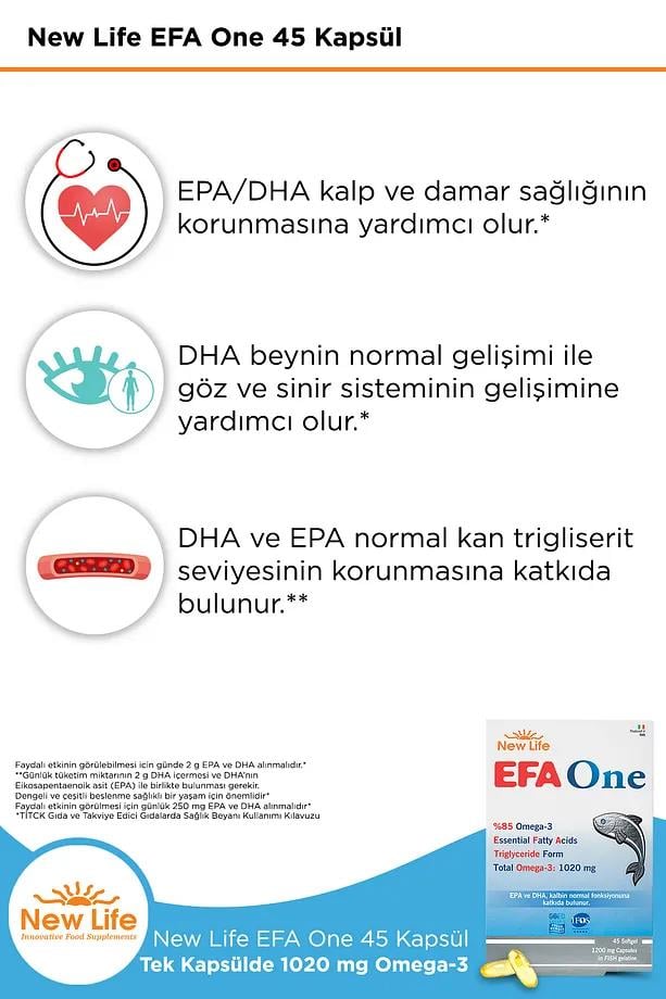 New Life New Life Efa One Balık Yağı 45 Kapsül - 1020mg Omega 3 - 580mg EPA - 390mg DHANew Life Efa One 1020 mg | Gelişmiş Omega 3 Formülü