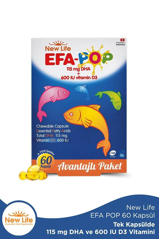 New Life New Life Efa Pop 60 Çiğnenebilir Balık Yağı Kapsülü - 138 mg Omega3 - 115mg DHA - 600 IU D3 VitaminiNew Life Efa Pop 60 Kapsül | Çocuklar İçin Çiğnenebilir Omega 3