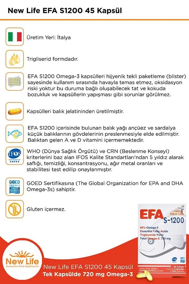 New Life New Life Efa S-1200 45 Kapsül Balık Yağı - 720 Mg Omega 3 - 396 Mg EPA - 264 Mg DHANew Life Efa S-1200 | Yüksek Omega 3 İçeriği 45 Kapsül