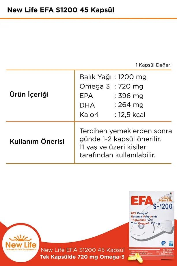 New Life New Life Efa S-1200 45 Kapsül Balık Yağı - 720 Mg Omega 3 - 396 Mg EPA - 264 Mg DHANew Life Efa S-1200 | Yüksek Omega 3 İçeriği 45 Kapsül