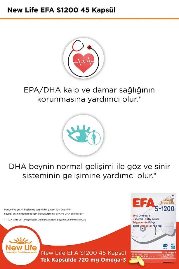 New Life New Life Efa S-1200 45 Kapsül Balık Yağı - 720 Mg Omega 3 - 396 Mg EPA - 264 Mg DHANew Life Efa S-1200 | Yüksek Omega 3 İçeriği 45 Kapsül