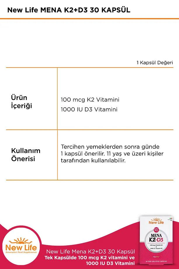 New Life New Life Mena D3 K2 30 Kapsül - 100mcg K2 Vitamini + 1000IU D3 VitaminiNew Life Mena D3 K2 30 Kapsül | Kemik Sağlığı Desteği
