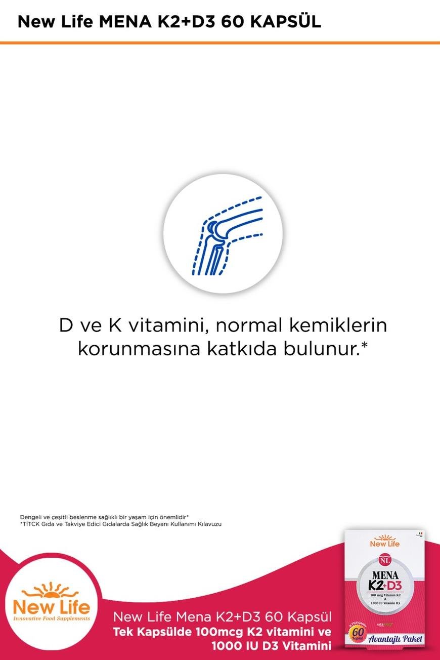 New Life New Life Mena  D3 K2 60 Kapsül - 100mcg K2 Vitamini + 1000IU D3 VitaminiNew Life Mena D3 K2 60 Kapsül | Güçlü D Vitamini Takviyesi