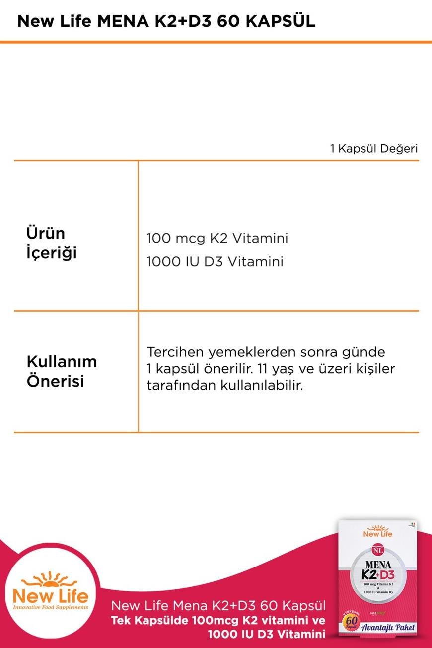 New Life New Life Mena  D3 K2 60 Kapsül - 100mcg K2 Vitamini + 1000IU D3 VitaminiNew Life Mena D3 K2 60 Kapsül | Güçlü D Vitamini Takviyesi