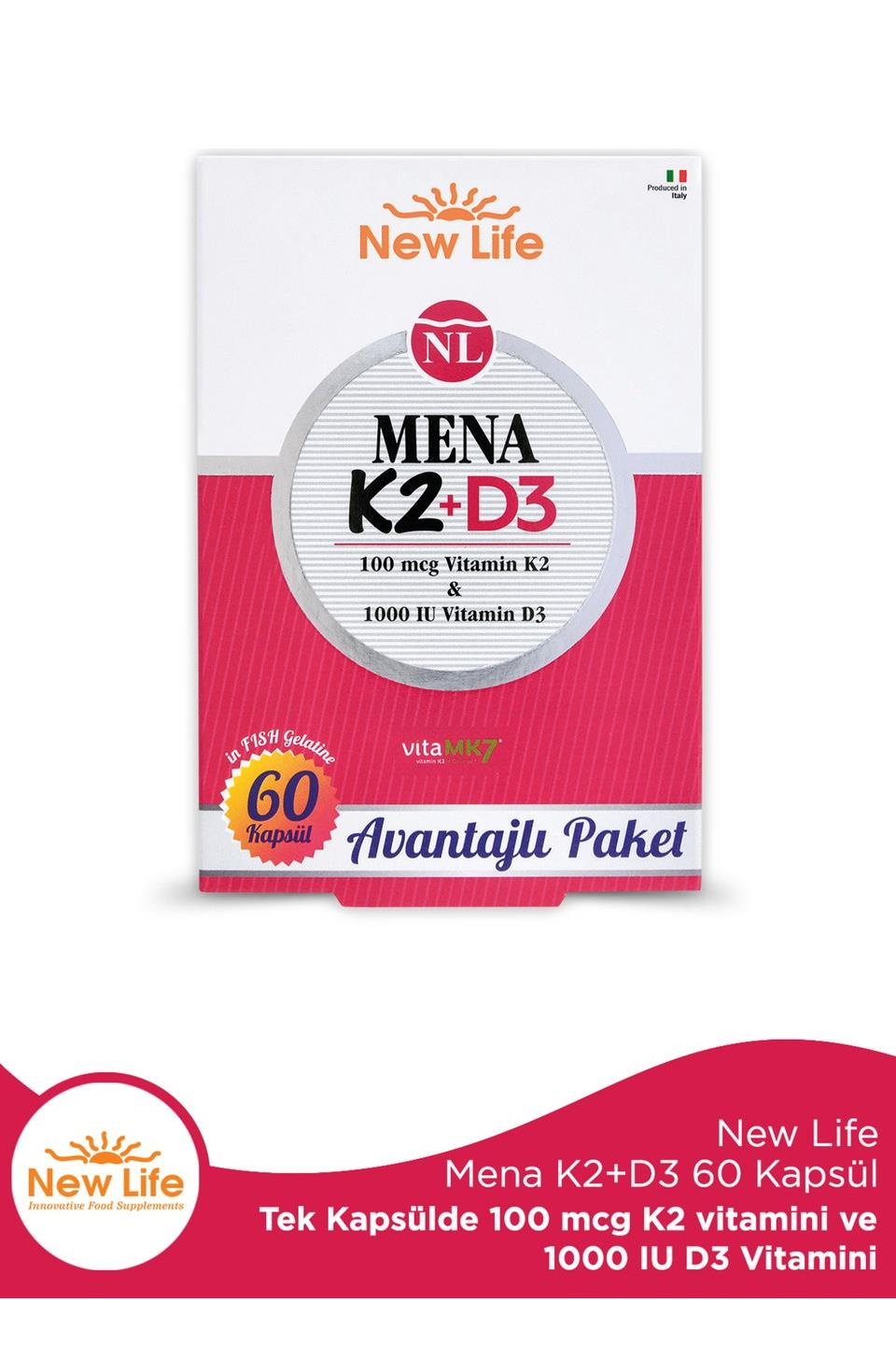 New Life New Life Mena  D3 K2 60 Kapsül - 100mcg K2 Vitamini + 1000IU D3 VitaminiNew Life Mena D3 K2 60 Kapsül | Güçlü D Vitamini Takviyesi