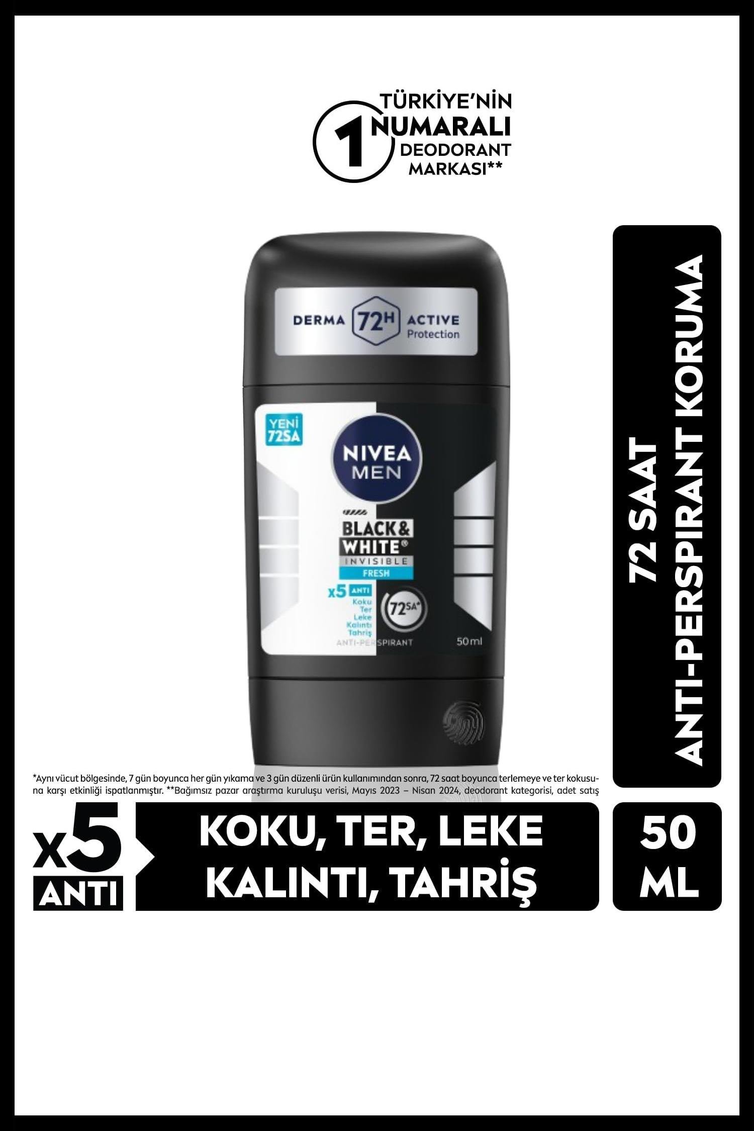 NiveaNive Men Black White Invisible Fresh Erkekler İçin Stick Deodorant 50 mlNivea Men Black&White Fresh Stick 50 ml | Ferahlatıcı Koruma