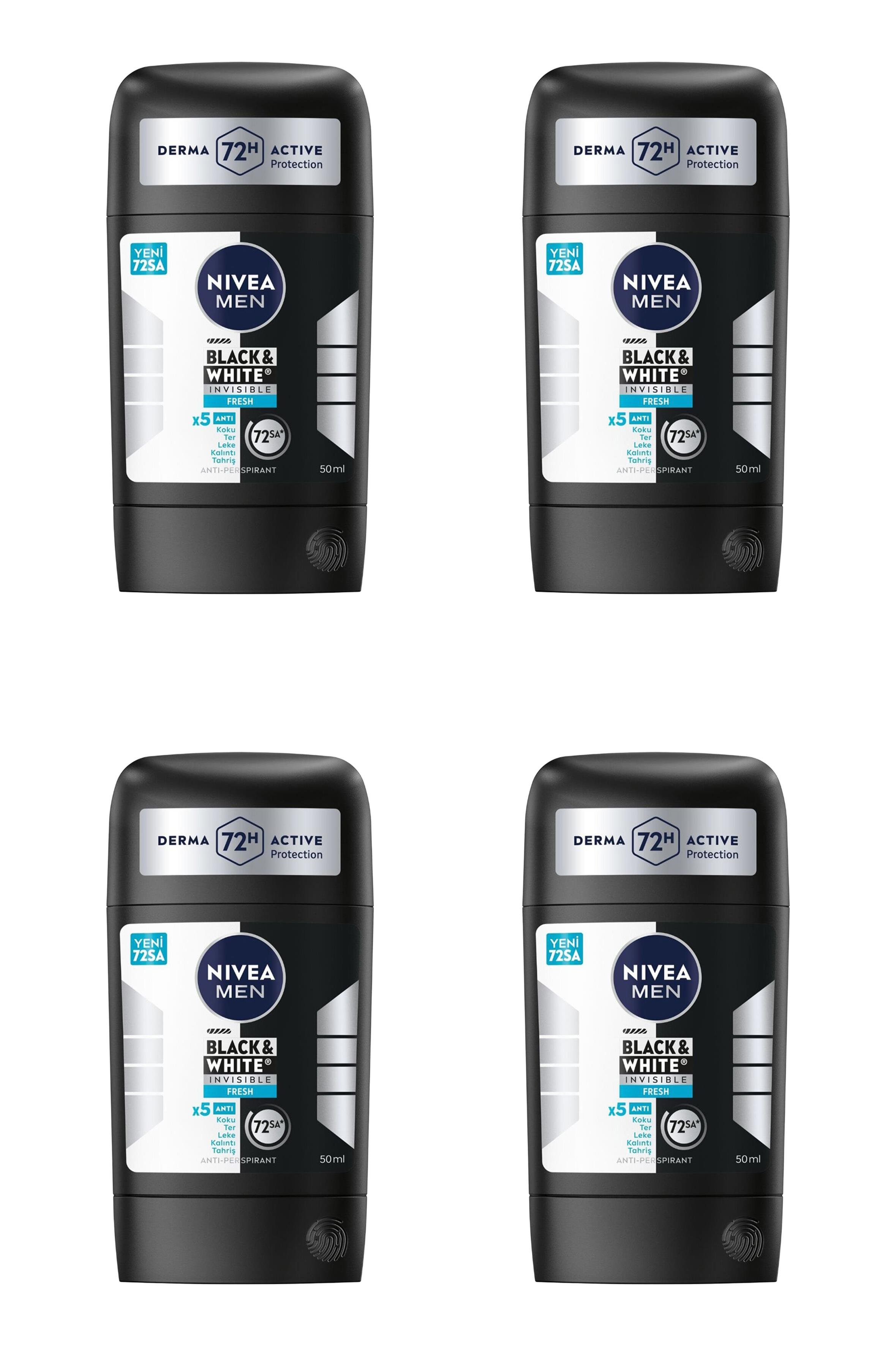 NiveaNive Men Black White Invisible Fresh Erkekler İçin Stick Deodorant 50 ml 4'lüNivea Men Black&White Fresh Stick 50 ml | Ferahlatıcı Koruma