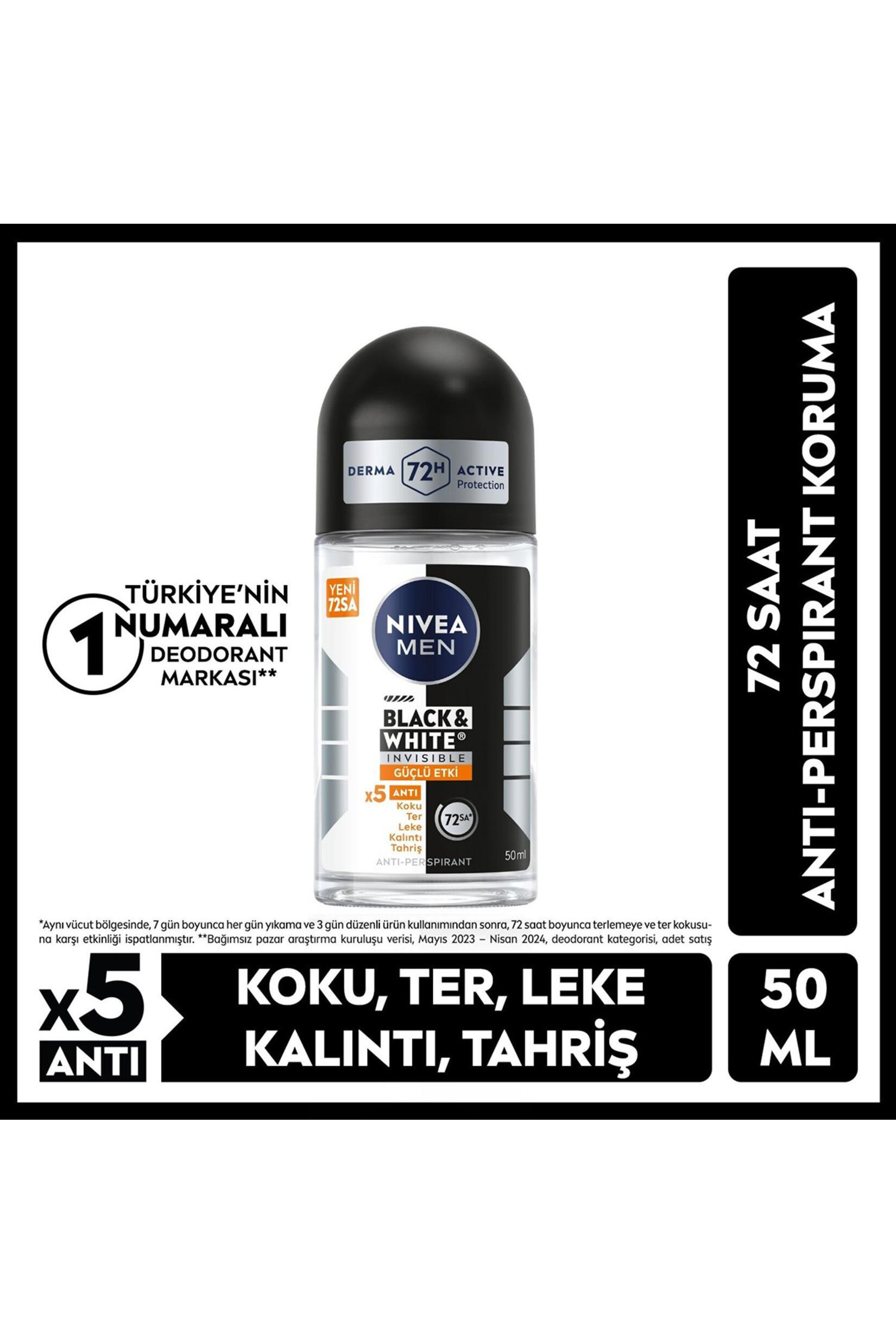 NiveaNive Men Black White Invisible Güçlü Etki Erkekler İçin Roll on 50 mlNivea Men Black&White Invisible Roll-on 50 ml | Leke Bırakmayan Koruma