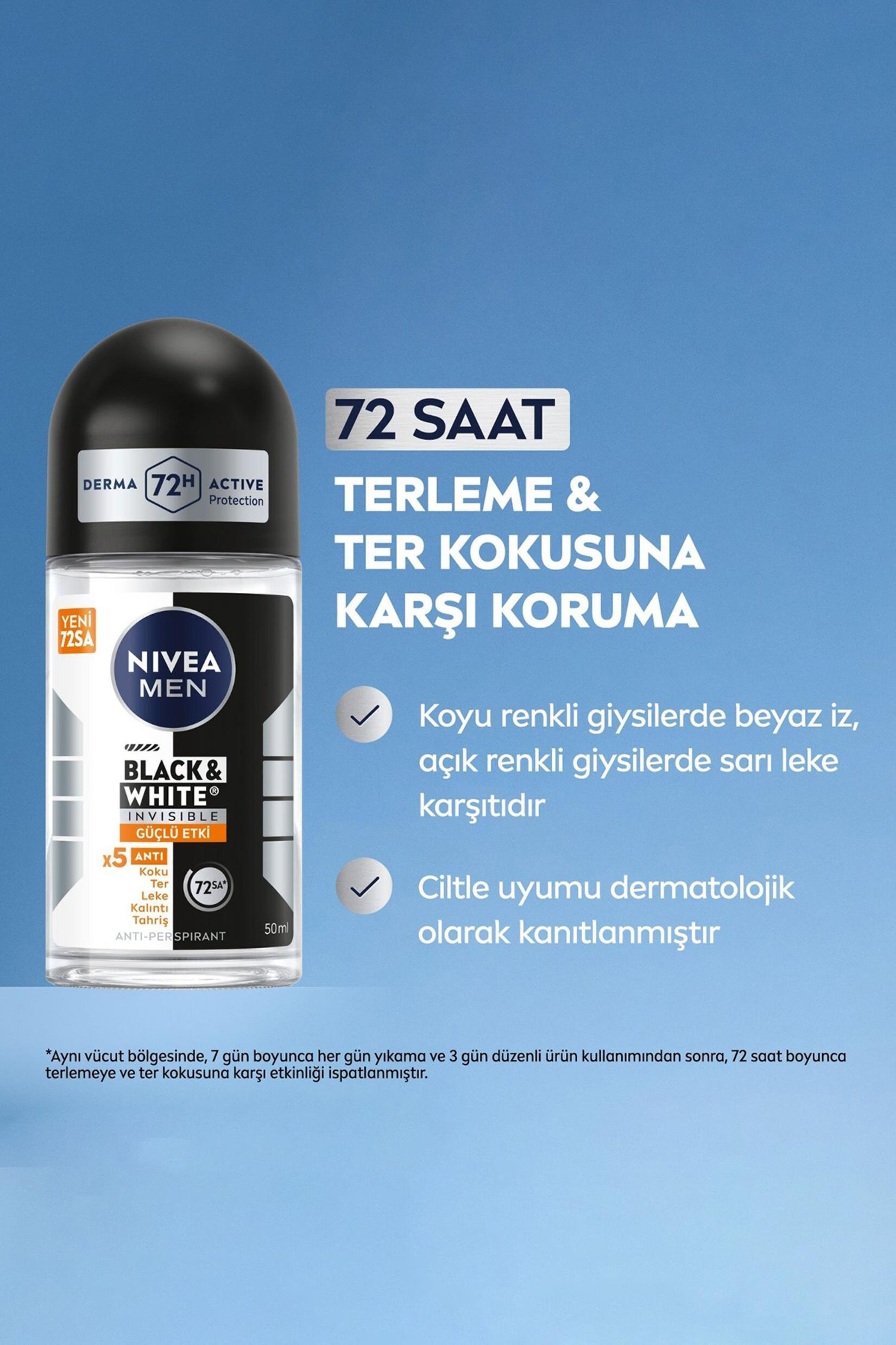 NiveaNive Men Black White Invisible Güçlü Etki Erkekler İçin Roll on 50 mlNivea Men Black&White Invisible Roll-on 50 ml | Leke Bırakmayan Koruma