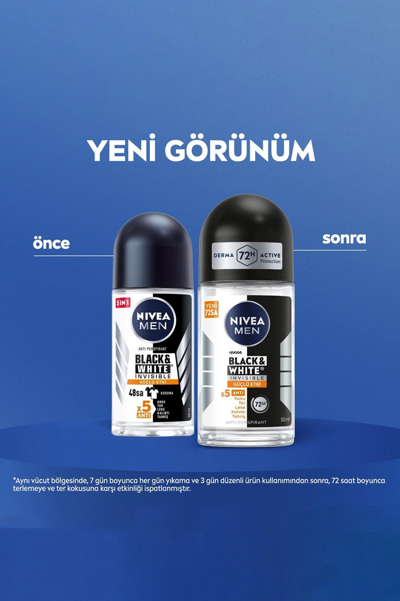 NiveaNive Men Black White Invisible Güçlü Etki Erkekler İçin Roll on 50 mlNivea Men Black&White Invisible Roll-on 50 ml | Leke Bırakmayan Koruma