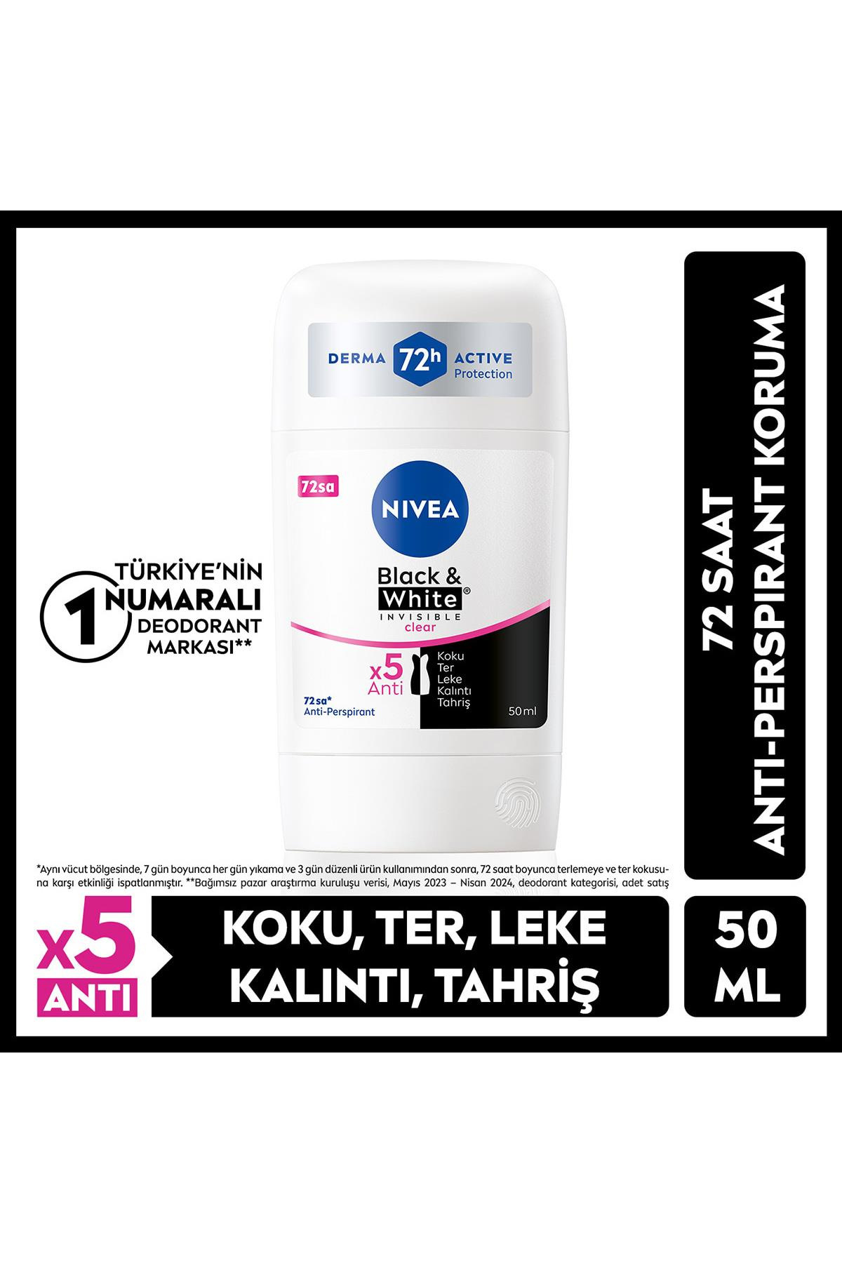 NiveaNivea Black White Invisible Clear Kadınlar İçin Stick Deodorant 50 mlNivea Black&White Clear Stick 40 ml | Leke Bırakmaz Koruma