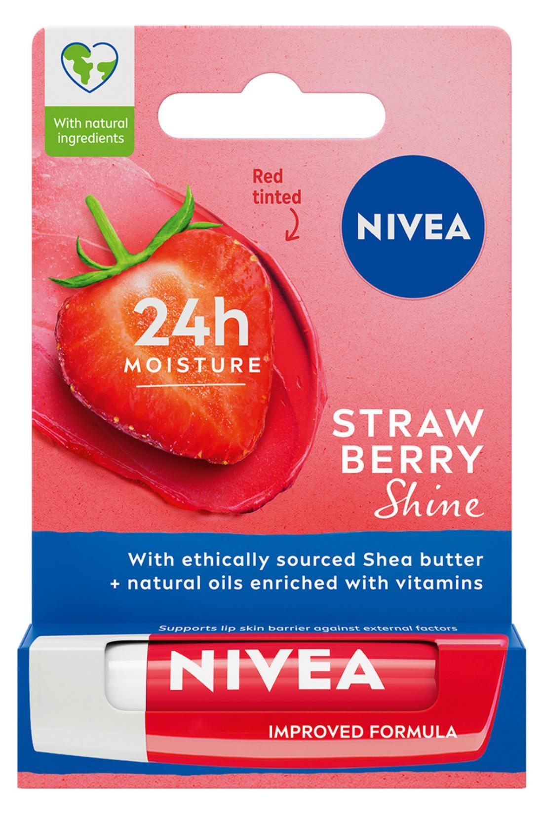 NiveaNivea Dudak Bakım Kremi Straw Berry Shine Çilek Aromalı 4.8 gr 4'lüNivea Lip Stick Çilek 24 Saat Nem Fiyatı ve Özellikleri | Mutlufiyatlar