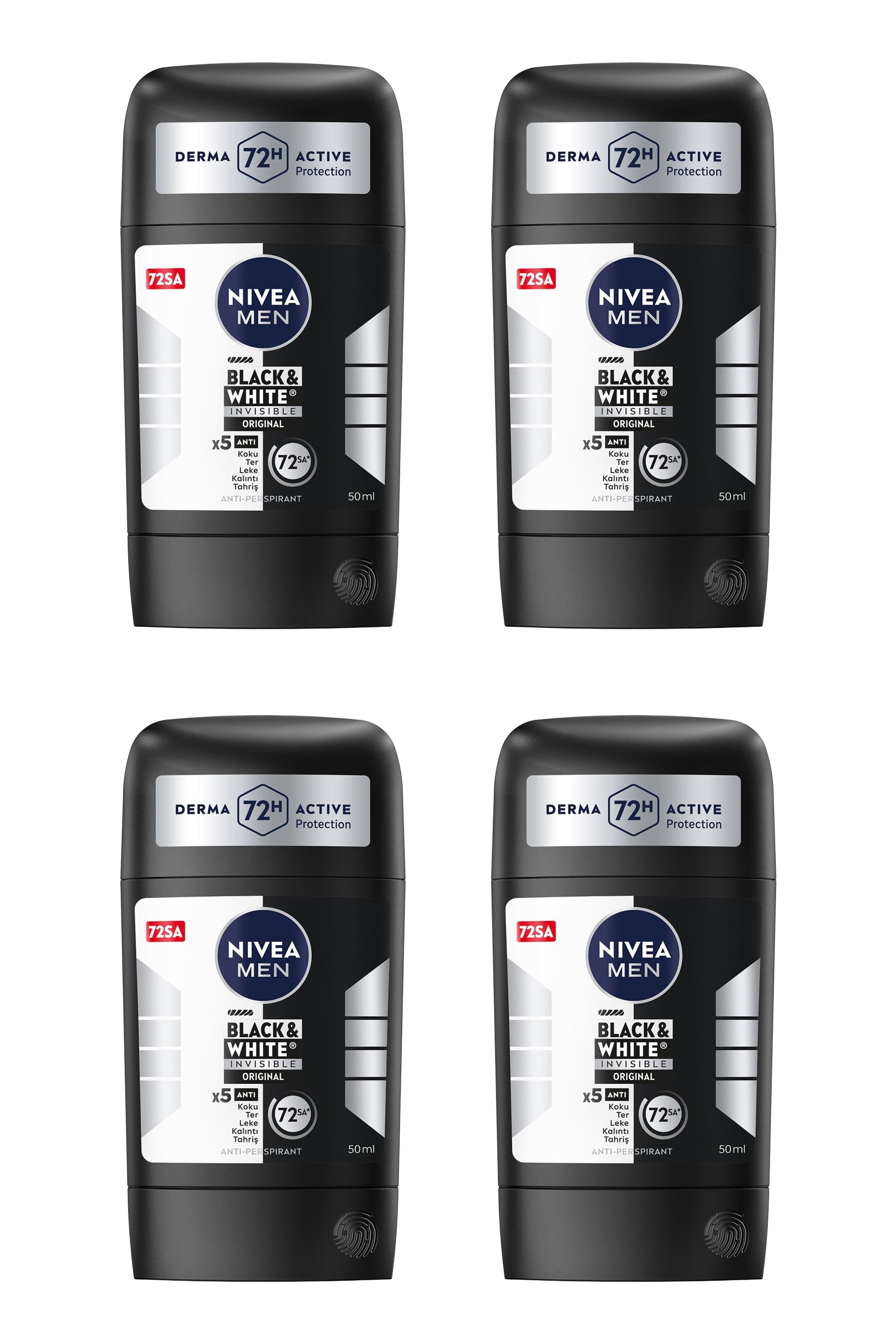 NiveaNivea Men Black White Invisible Original Erkekler İçin Stick Deodorant 50 ml 4'lüNivea Men Black&White Original Stick 150 ml | Leke Bırakmayan Koruma