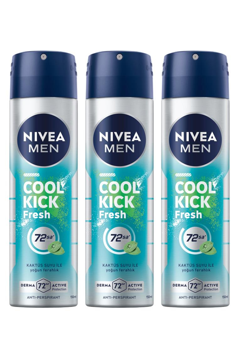 NiveaNivea Men Cool Kick Fresh Erkekler İçin Deodorant 150 ml 3'lüNivea Men Cool Kick Sprey 150 ml | Kaktüs Suyu ile Ferahlık