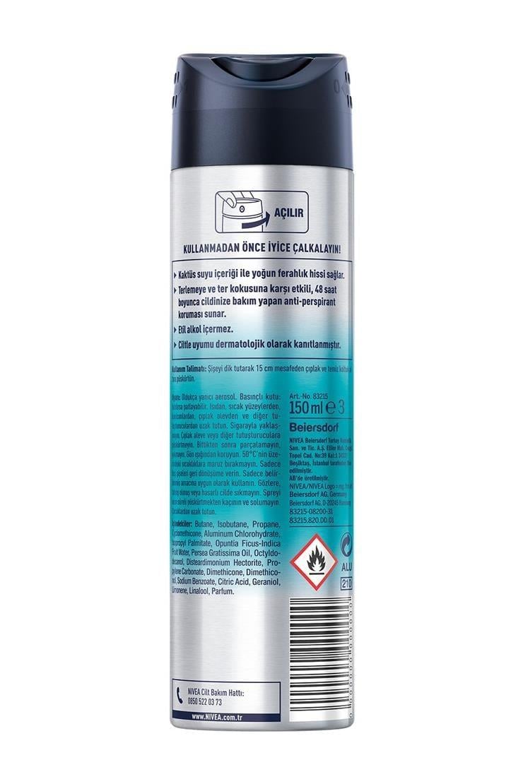 NiveaNivea Men Cool Kick Fresh Erkekler İçin Deodorant 150 ml 5'liNivea Men Cool Kick Sprey 150 ml | Kaktüs Suyu ile Ferahlık