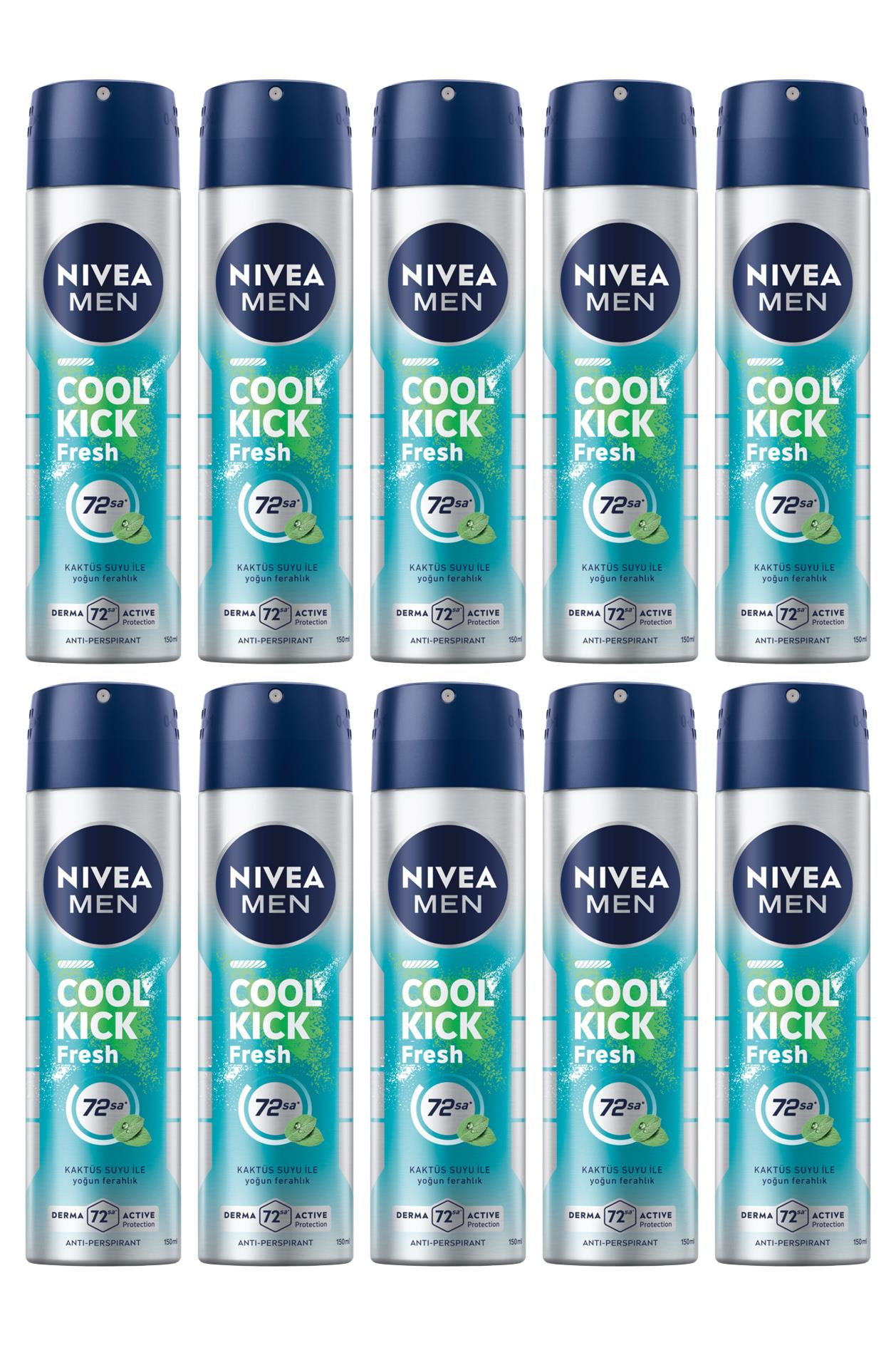 NiveaNivea Men Cool Kick Fresh Erkekler İçin Deodorant 150 ml 10'luNivea Men Cool Kick Sprey 150 ml | Kaktüs Suyu ile Ferahlık