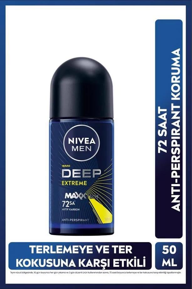 NiveaNivea Men Erkek Roll-on Deodorant Deep Extreme 50ml, 72 Saat Anti-perspirant Ter Koruma, Yeni EnerjiNivea Deep Extreme Roll-on 50 ml | 72 Saat Enerjik Koruma