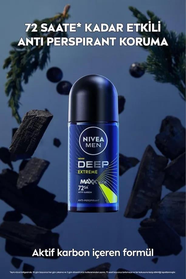 NiveaNivea Men Erkek Roll-on Deodorant Deep Extreme 50ml, 72 Saat Anti-perspirant Ter Koruma, Yeni EnerjiNivea Deep Extreme Roll-on 50 ml | 72 Saat Enerjik Koruma