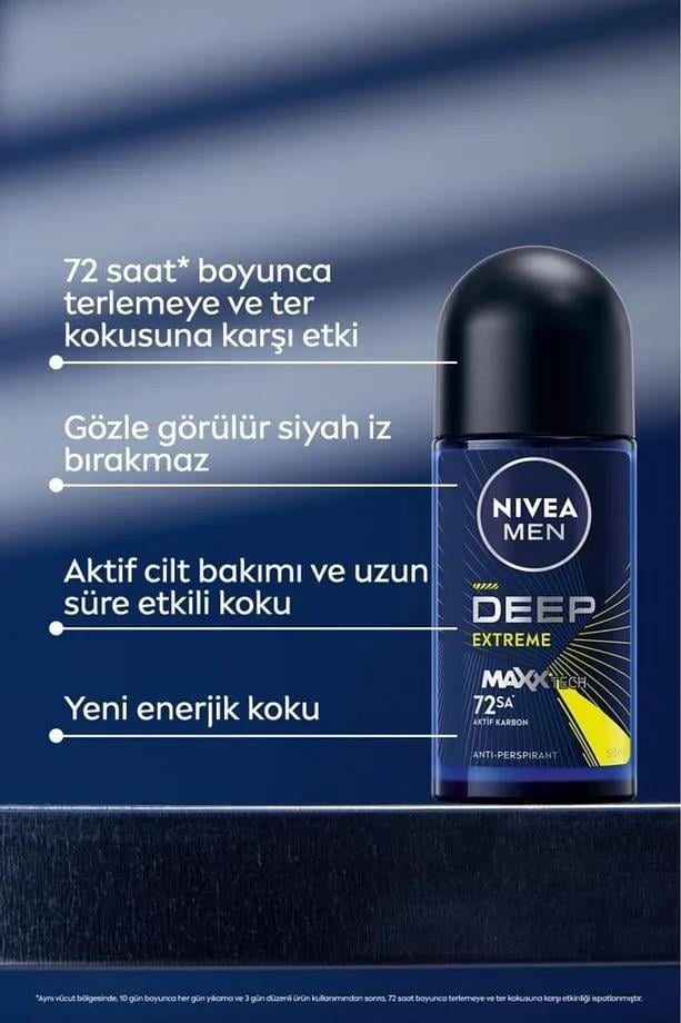 NiveaNivea Men Erkek Roll-on Deodorant Deep Extreme 50ml, 72 Saat Anti-perspirant Ter Koruma, Yeni EnerjiNivea Deep Extreme Roll-on 50 ml | 72 Saat Enerjik Koruma
