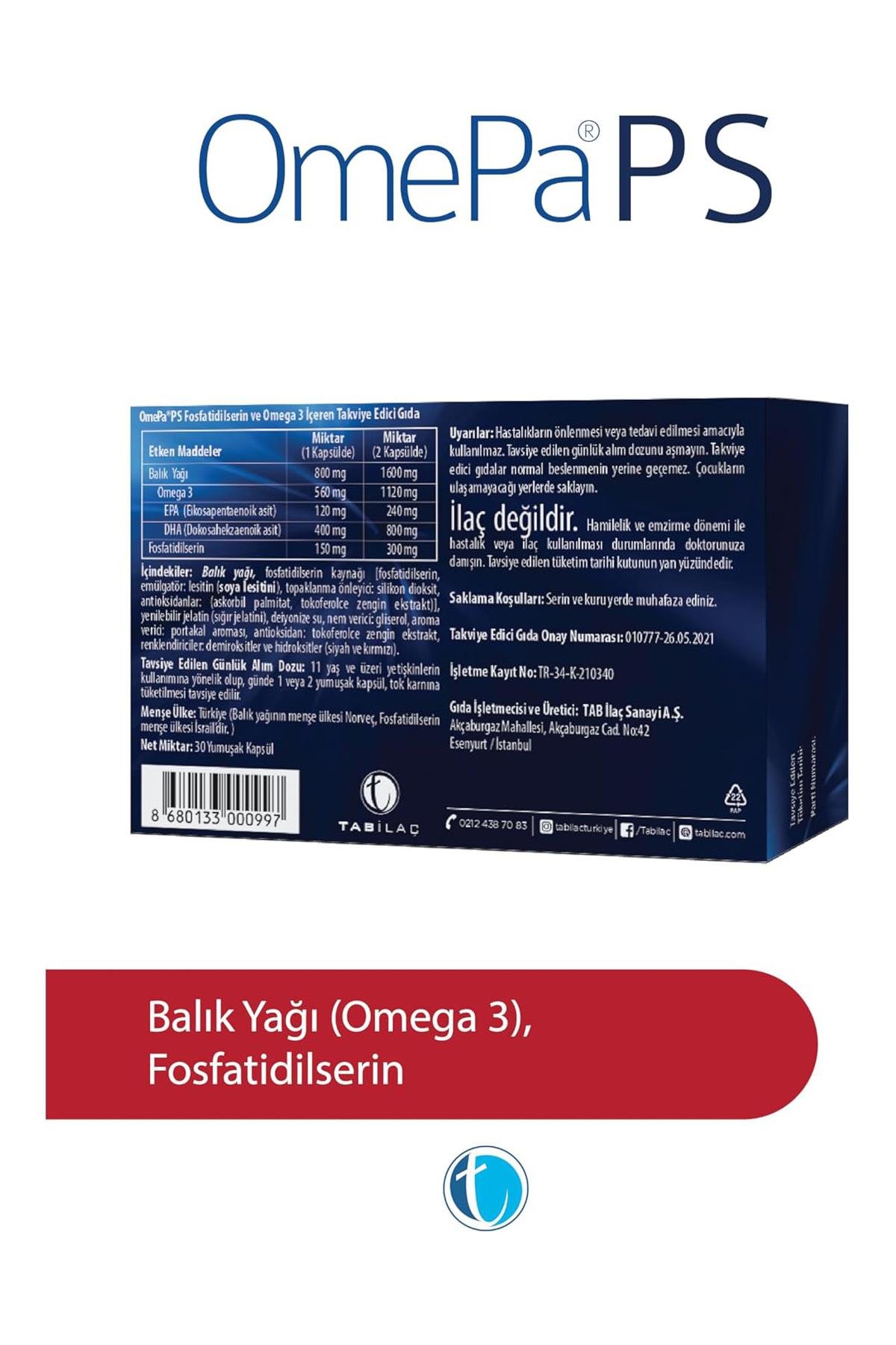 OmepaOmepa PS 30 Yumuşak Kapsül Fosfatidilserin Omega 3 Balık YağıOmepa PS Fosfatidilserin + Omega 3 | Hafıza ve Konsantrasyon İçin