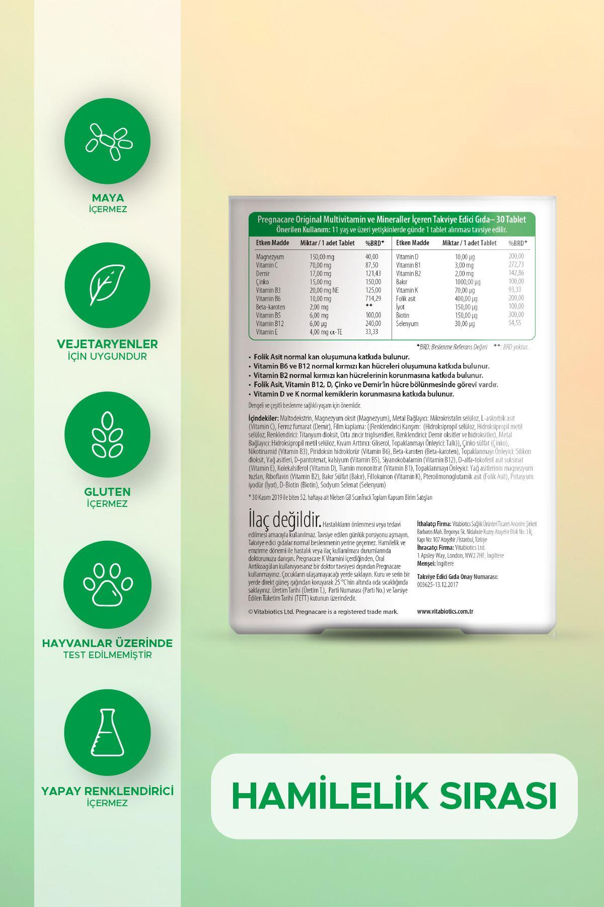 Original Folik Asit, D Vitamini, Demir, Magnezyum İçeren Hamilelik Dönemi Destek Vitamini 30 Tablet
