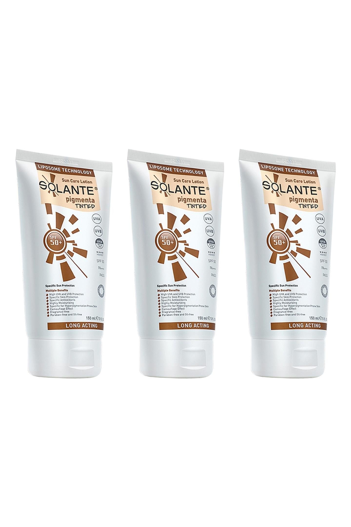 SolanteSolante Pigmenta Tinted Renkli Güneş Losyonu SPF 50+ 150 ml 3'lüSolante Pigmenta Sun Care Lotion Tinted SPF50+ 150 ml Fiyatı ve Özellikleri | Mutlufiyatlar