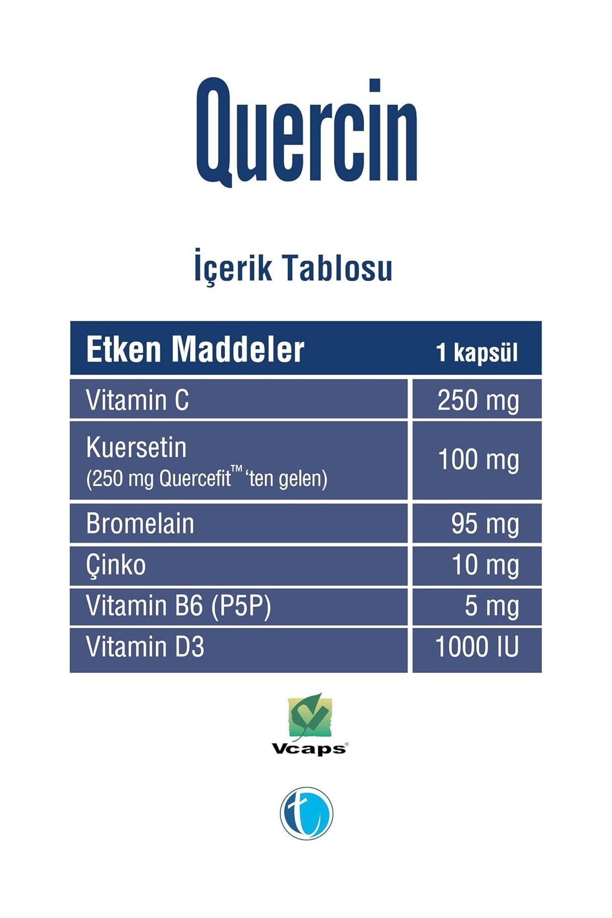 Tab İlaçQuercin Kuersetin, Bromelain, Vitamin ve Mineral İçeren Takviye Edici Gıda 60 KapsülQuercin Fitozomal Kuersetin 60 Kapsül | Yüksek Emilim, Etkili Formül