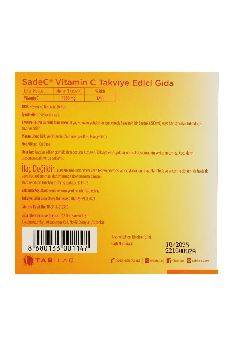 Tab İlaçSadeC Vitamin C 100 SaşeSadeC Vitamin C 100 Saşe | Bağışıklık Güçlendiren C Vitamini