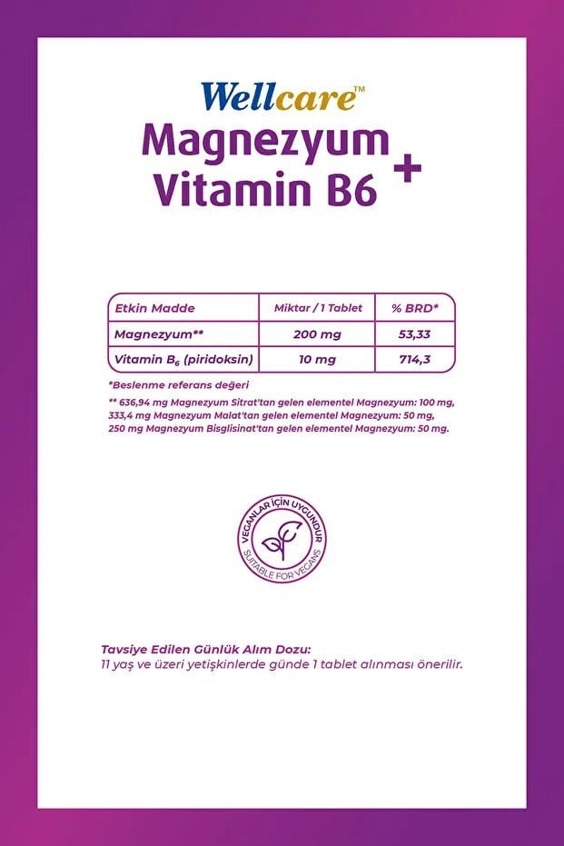 WellcareWellcare Magnezyum + Vitamin B6 60 TabletWellcare Magnezyum + B6 | Yorgunluk Azaltıcı 60 Tablet