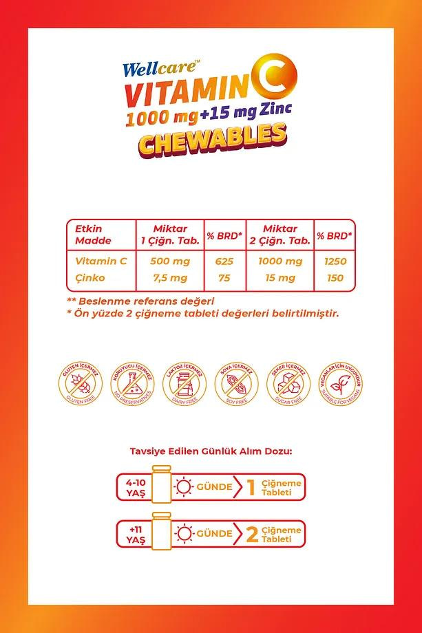WellcareWellcare Vitamin C 1000 mg + 15 mg Zinc Çiğneme Tableti 60 AdetWellcare C Vitamini + Çinko | Bağışıklık Desteği 60 Tablet