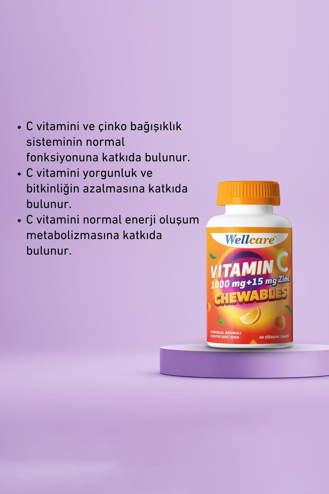 WellcareWellcare Vitamin C 1000 mg + 15 mg Zinc Çiğneme Tableti 60 AdetWellcare C Vitamini + Çinko | Bağışıklık Desteği 60 Tablet