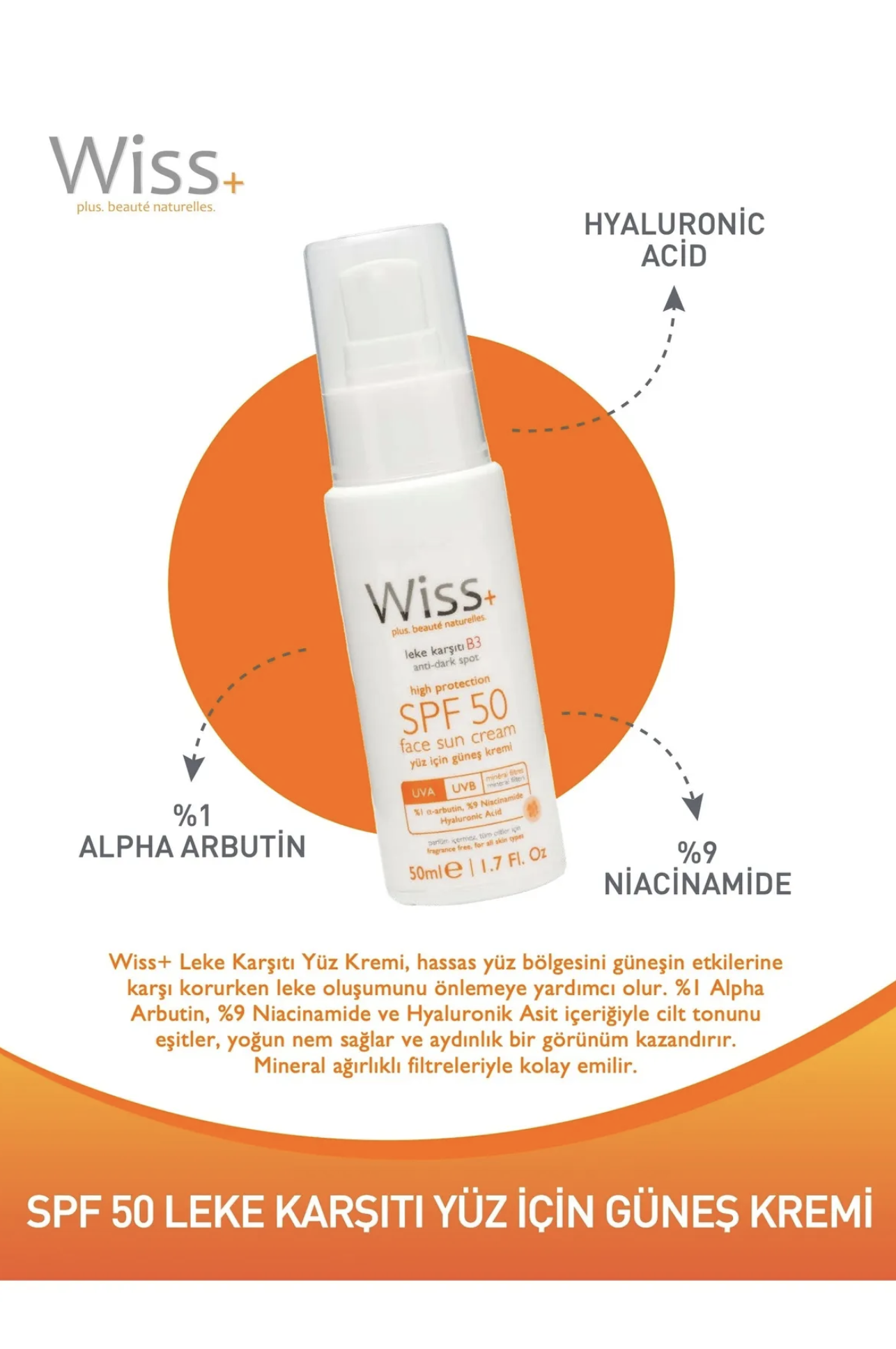 Wiss Plus Wiss+ Leke Karşıtı Yüz Güneş Kremi SPF50 50 mlWiss+ Leke Karşıtı Yüz Güneş Kremi SPF50 50 ml Fiyatı ve Özellikleri | Mutlufiyatlar