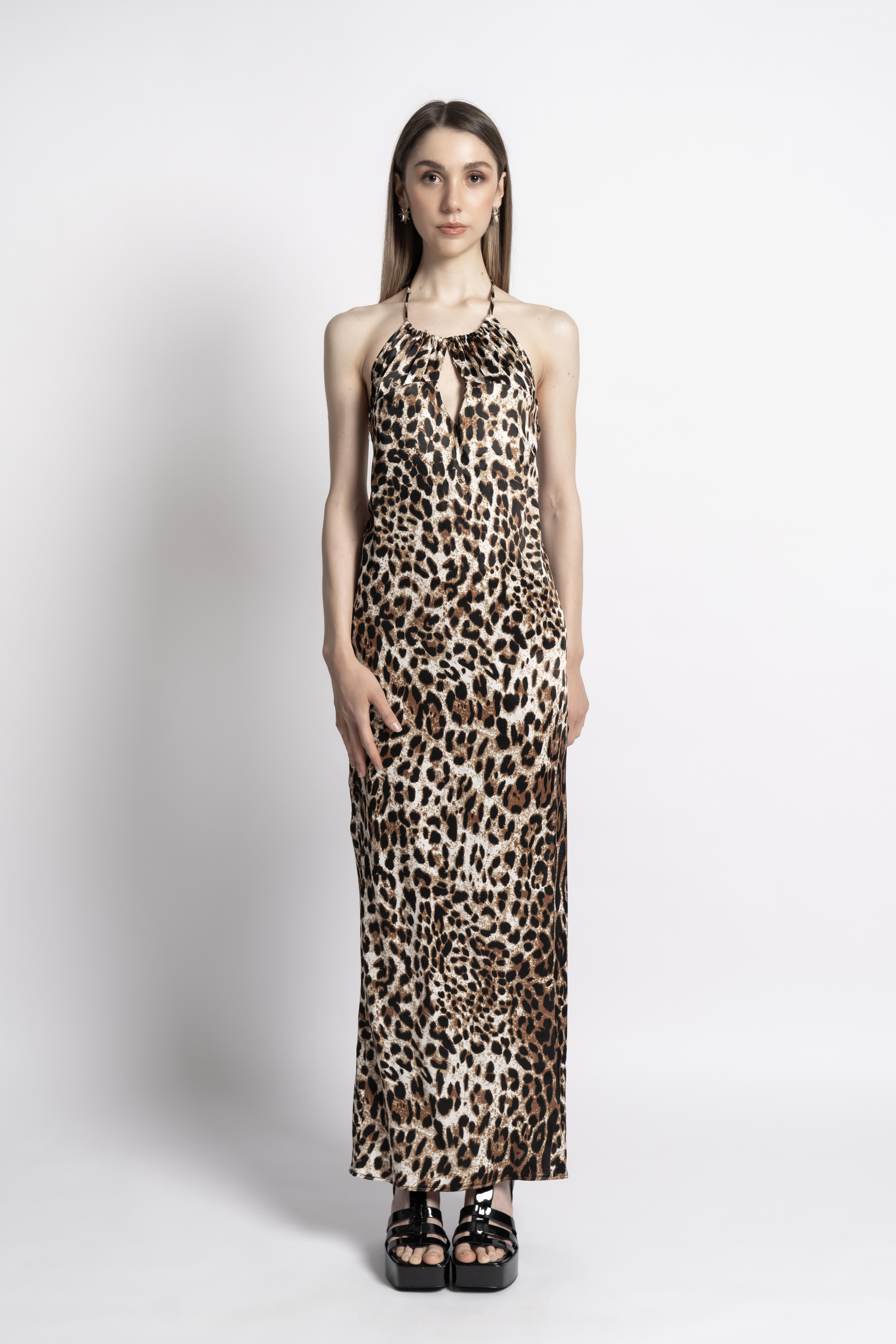 Leopar Desen Saten Kamisol Elbise