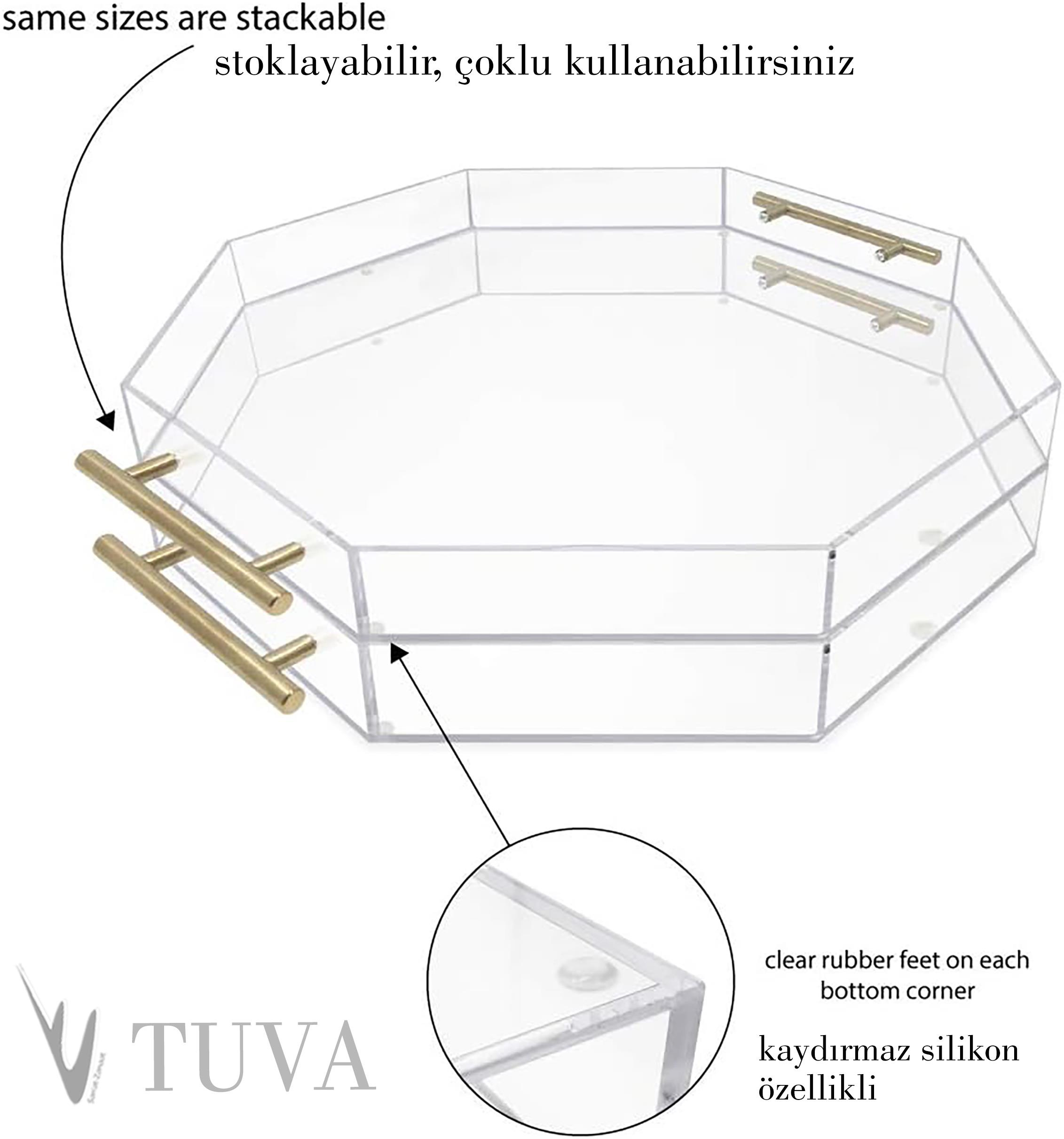 Altın Tutamaklı Yuvarlak Sekizgen Formlu Modern Premium Tepsi | Tuva Modern Tasarım | Şık Elit Ev Dekorasyon