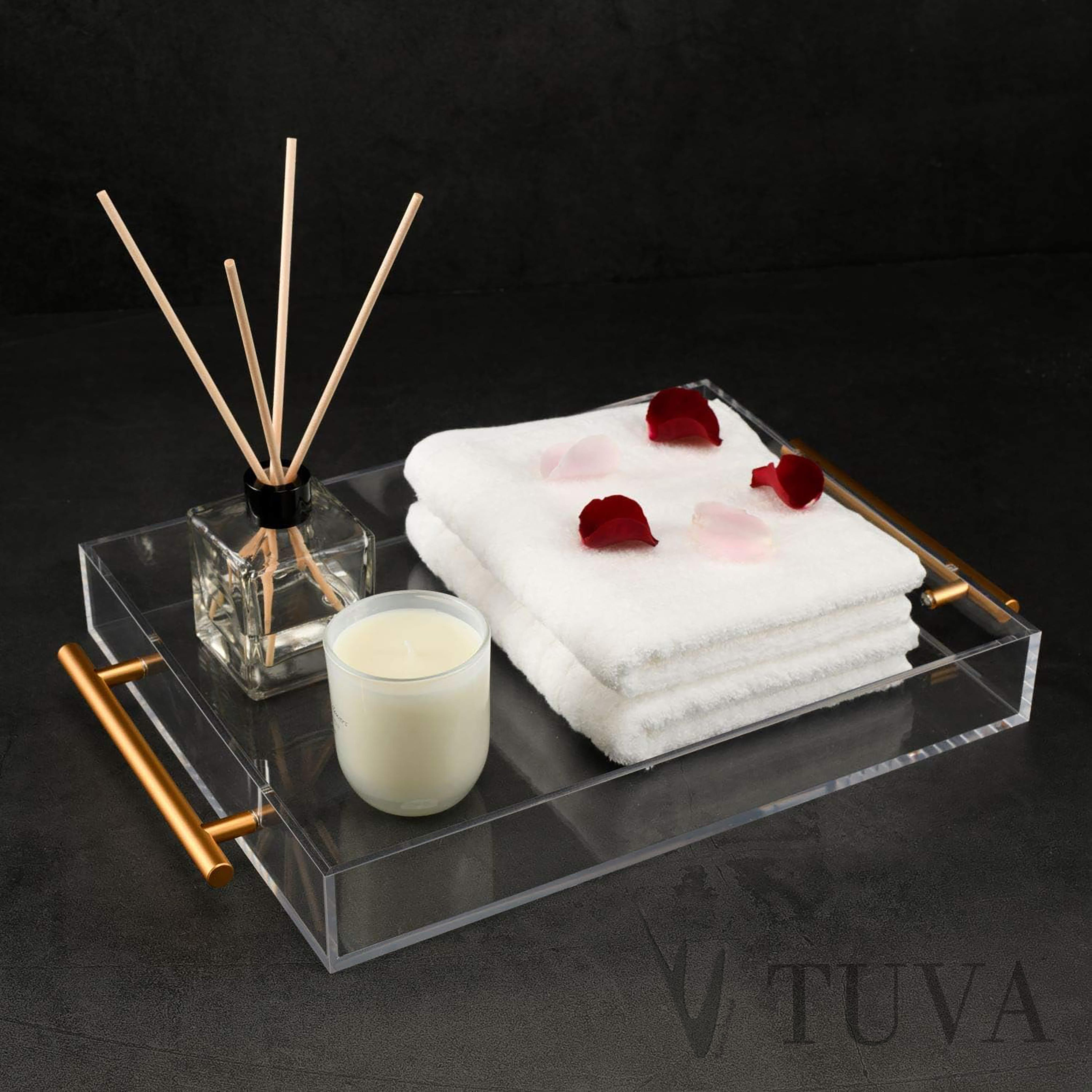 Altın Tutmaklı Modern Pleksi Tepsi | Tuva Premium Sunum ve Elit Dekoratif Servis Standı