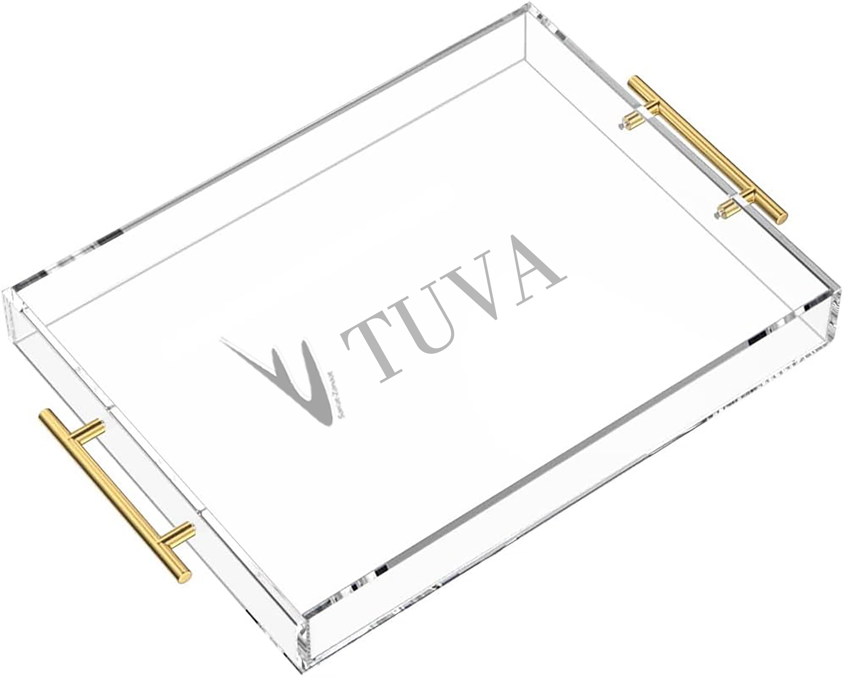 Altın Tutmaklı Modern Pleksi Tepsi | Tuva Premium Sunum ve Elit Dekoratif Servis Standı