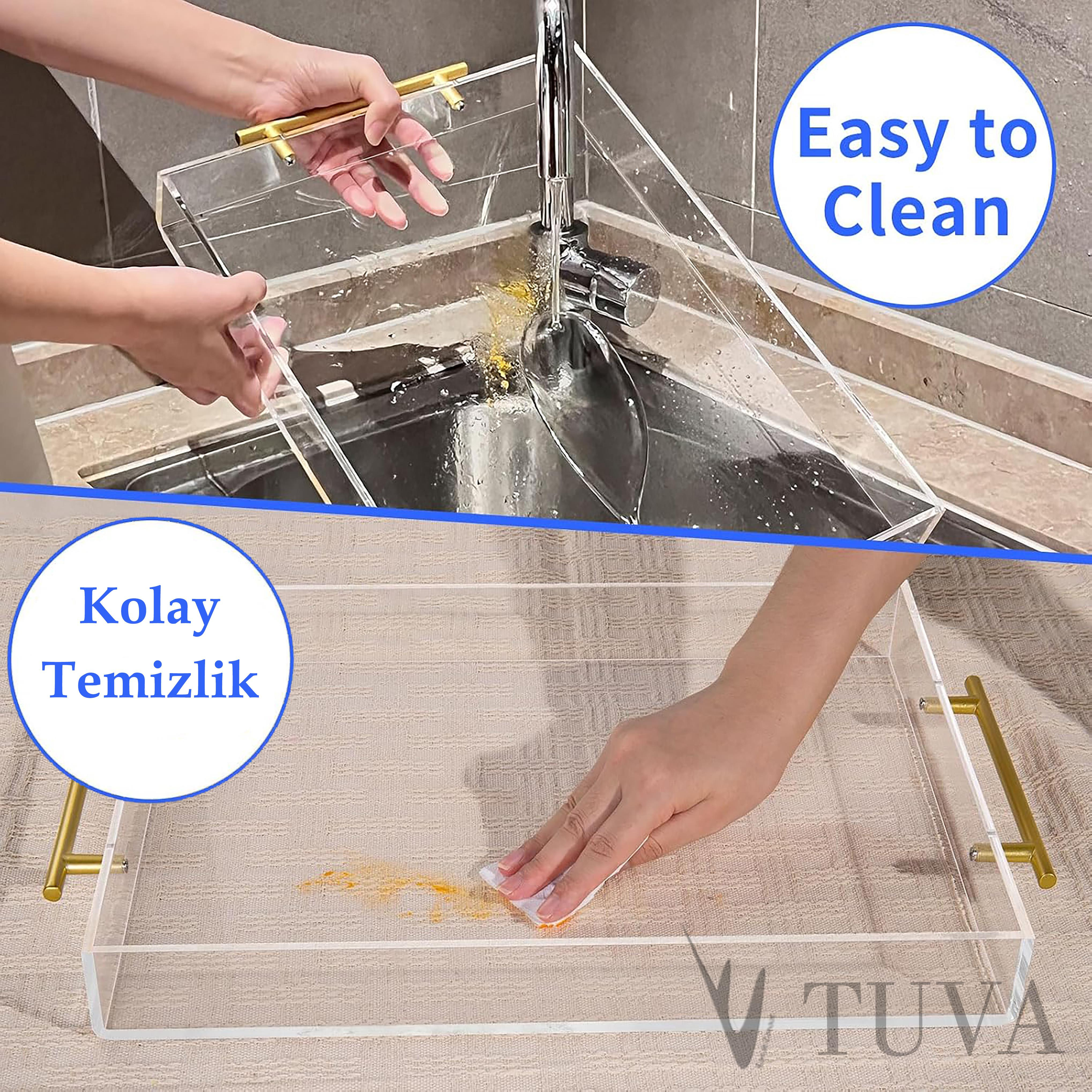 Altın Tutmaklı Modern Pleksi Tepsi | Tuva Premium Sunum ve Elit Dekoratif Servis Standı